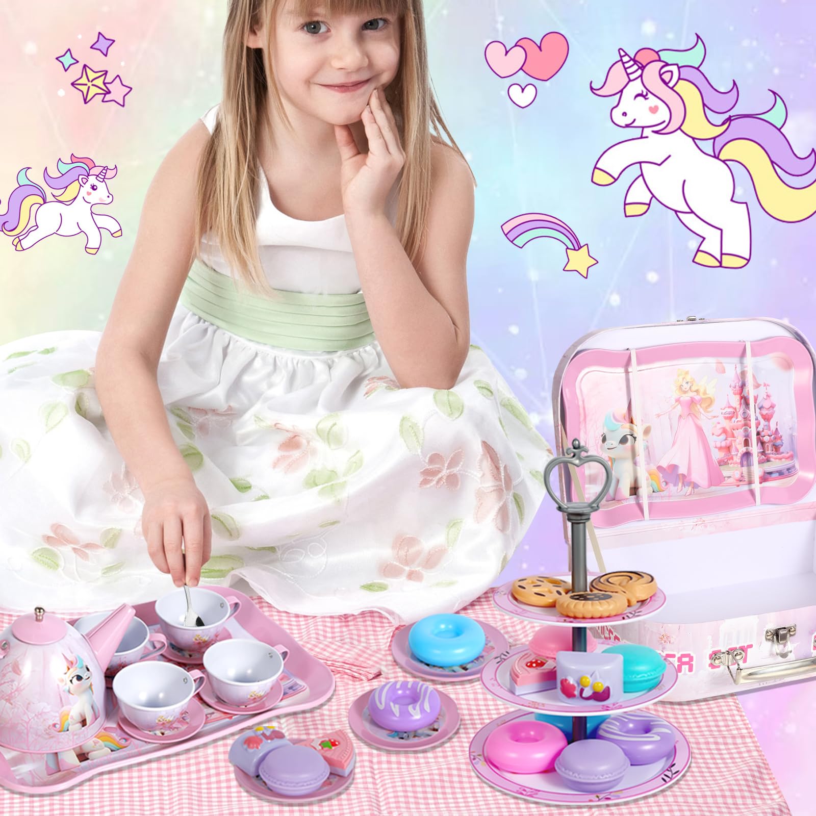 Unicorn Tea Party Set for Girls - Princess Tea Time Play Kitchen Toy with Tin Teapot, Desserts, Cookies, Donut & Cake Tray | Perfect Birthday Gift for Kids Ages 3-8 | Pretend Play, Tea Parties & Imaginative Fun