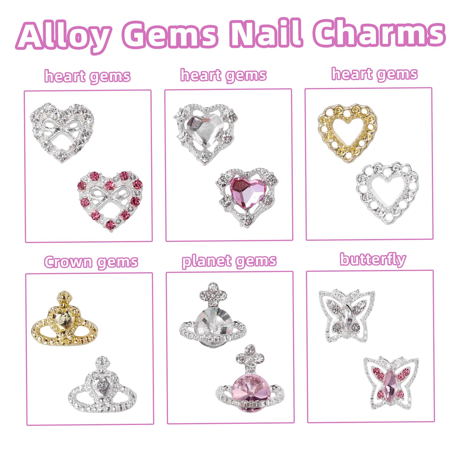 72 Pcs Heart Nail Charms - Shiny Planet Heart, Butterfly Metal Charms & Gems for Nail Art DIY - Silver Gold Heart Crown Nail Decorations - Perfect for Manicures, Nail Extensions & Creative Nail Designs