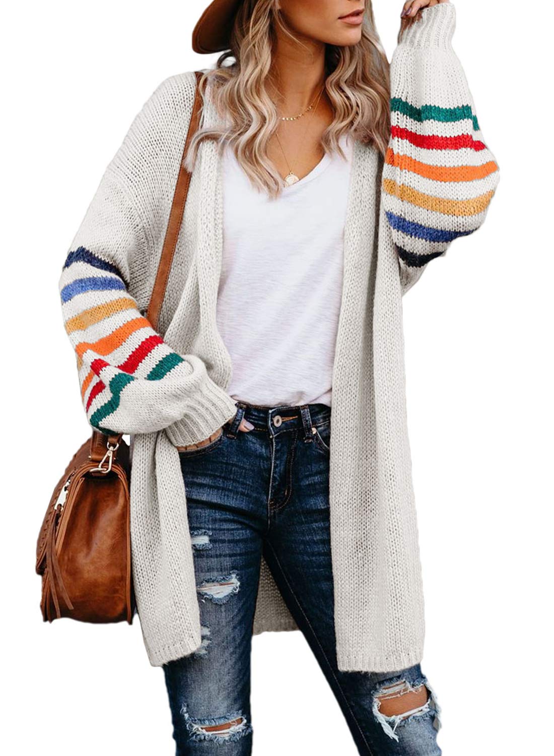 Dokotoo Women's Long Open Front Cardigan - Striped Color Block Loose Knit Sweater Coat for Casual Outfits & Office Wear