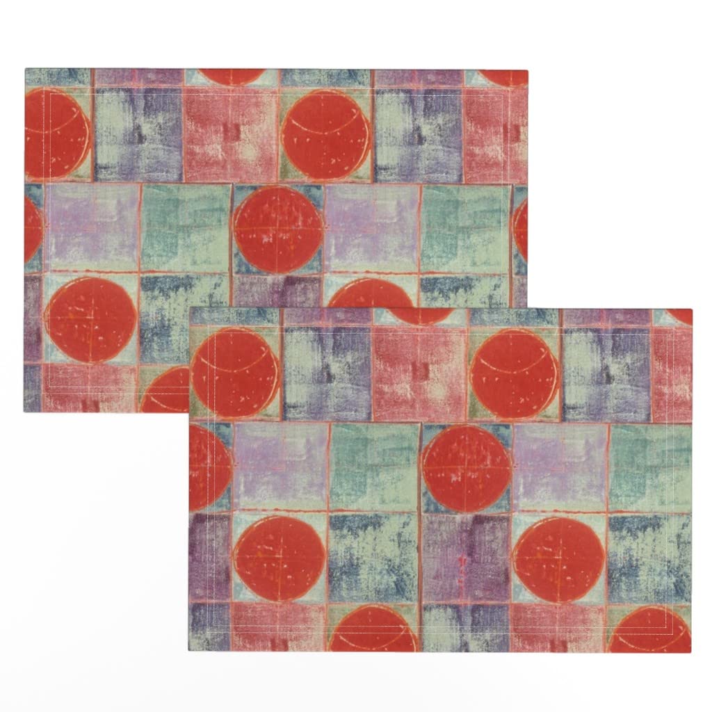 Spoonflower Linen Cotton Canvas Placemats Set of 2 - Blue Geometric Rustic Circle Design Textured Table Mats for Dining, Kitchen Decor & Party Table Setting