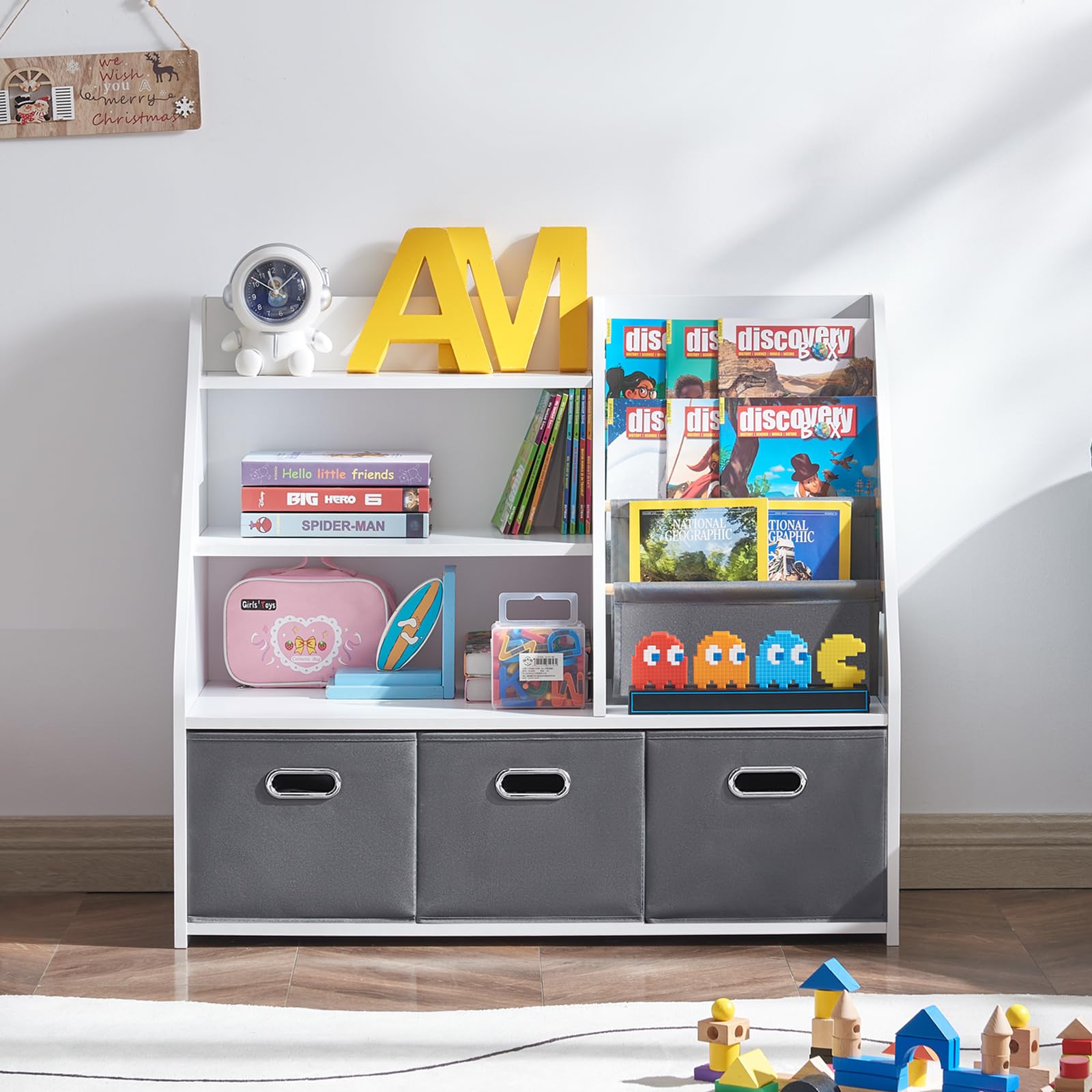 EFURDEN Kids Bookshelf & Toy Storage Organizer - White Wooden Book Display Shelf with Storage Bins for Bedroom, Playroom, Nursery & Classroom - Perfect for Organizing Children's Books, Toys and Learning Supplies