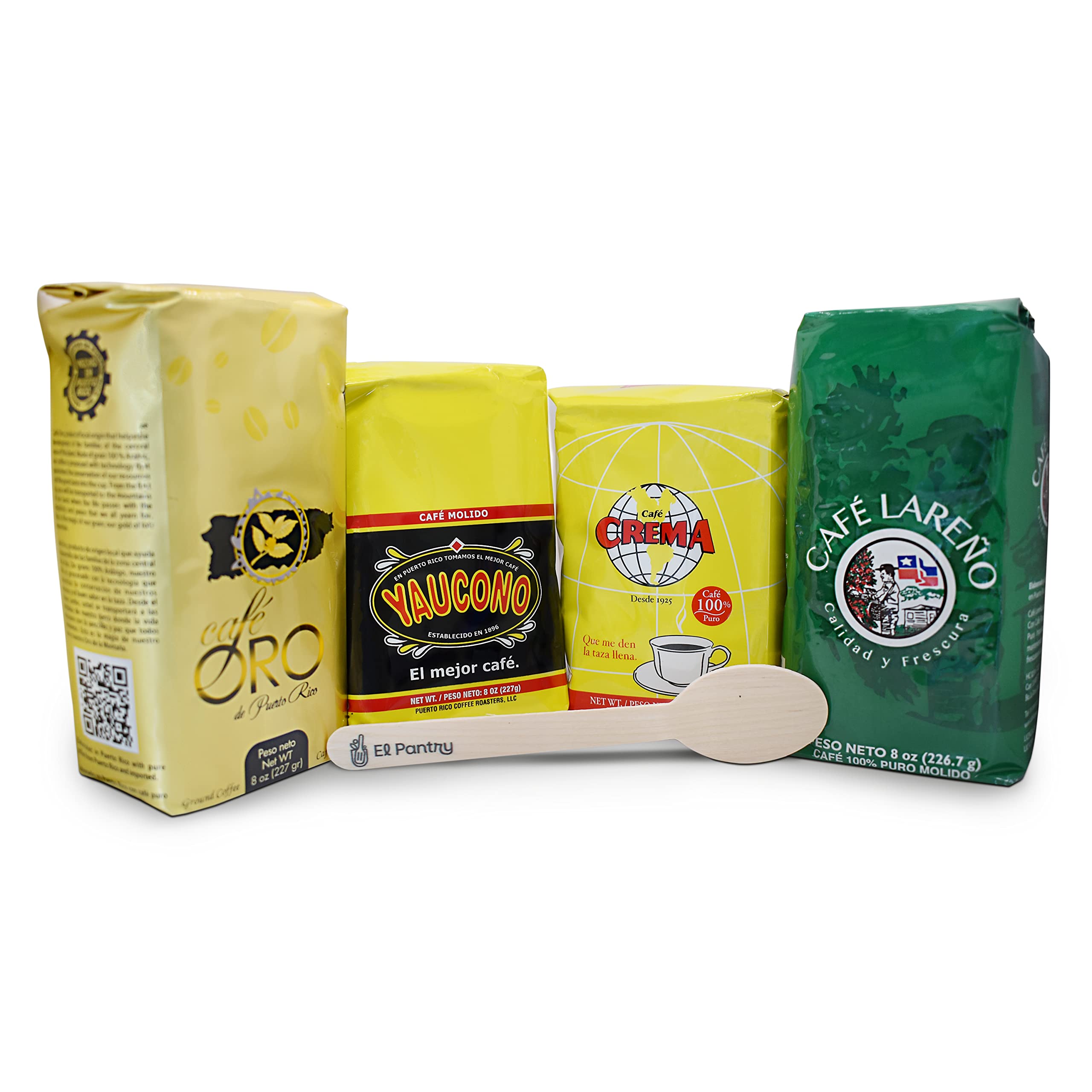 Premium Puerto Rican Coffee Gift Set - 4 Pack of 8oz Ground Coffee (Cafe Lareno, Oro, Crema & Yaucono) with Free Wooden Spoon | Authentic Gourmet Coffee for Home, Office & Gifting | Rich Aroma & Bold Flavor for Coffee Lovers