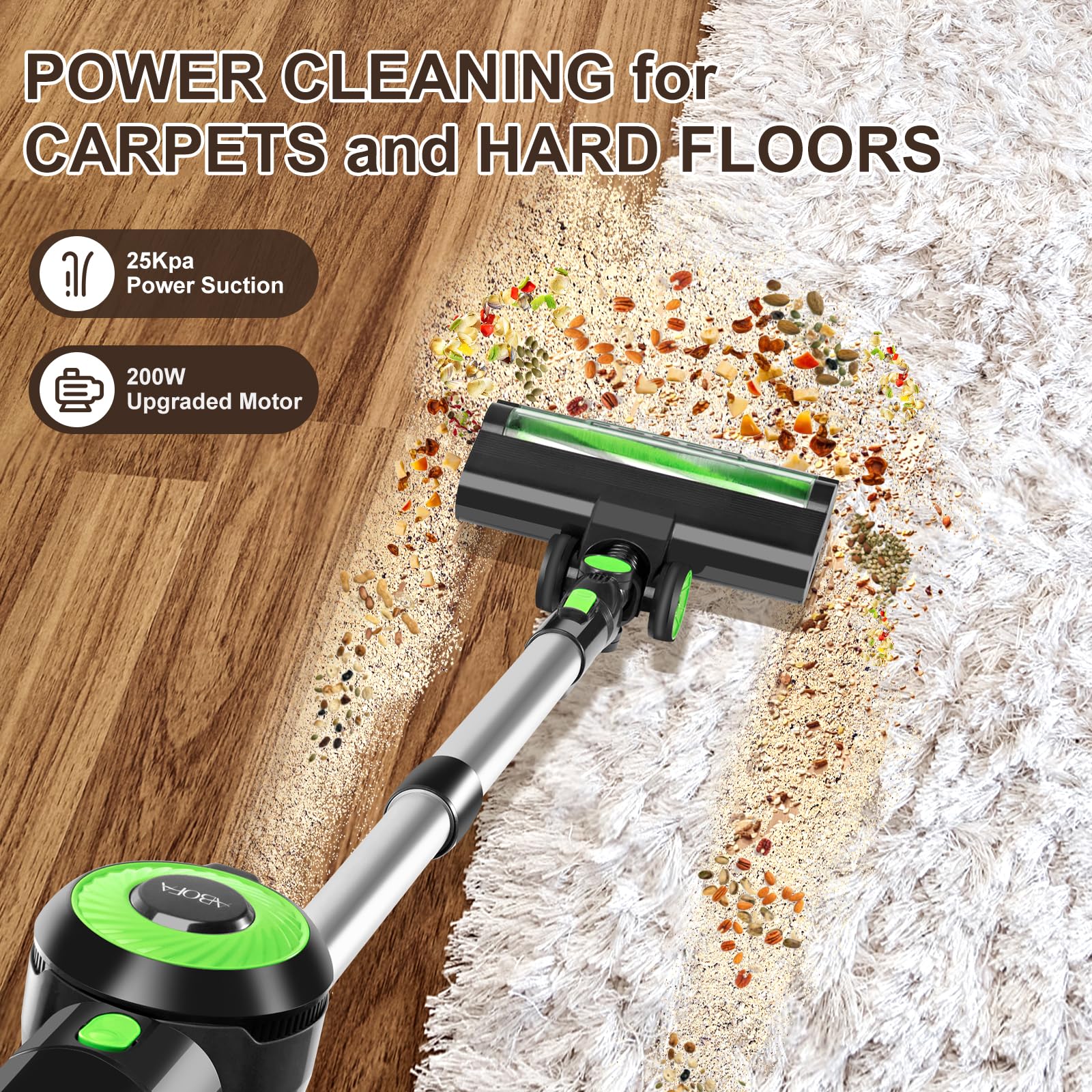 8-in-1 Cordless Stick Vacuum Cleaner with 30Kpa Super Suction & 60 Min Runtime - Detachable Battery for Hardwood Floors & Pet Hair - Lightweight Green Vacuum for Home, Office & Car Cleaning