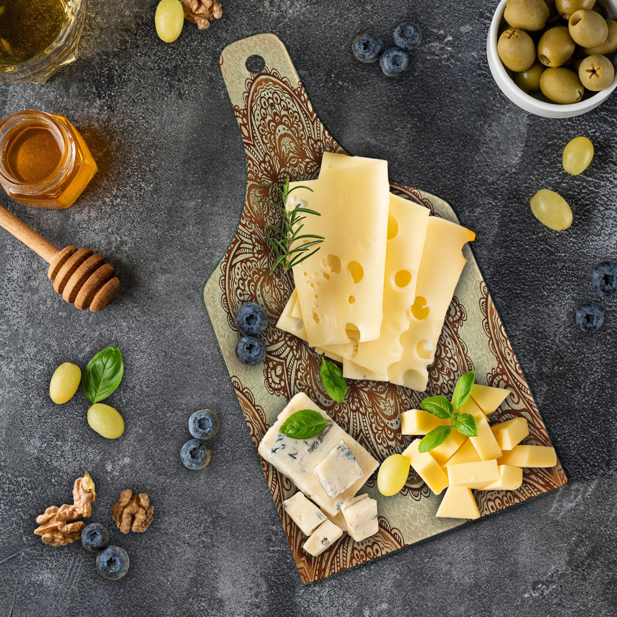 Ambesonne Ethnic Mandala Floral Cutting Board - Tempered Glass Wine Bottle Shape for Serving & Decor - Dark Brown & Pale Brown Abstract Paisley Design - Perfect for Cheese Platters, Charcuterie Boards & Kitchen Decor
