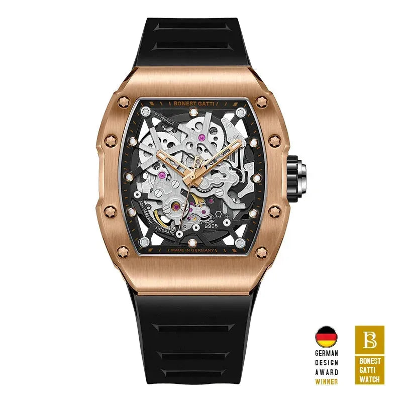 BONEST GATTI Men's Automatic Mechanical Watch - German Engine Tonneau Skeleton Design, Waterproof, Sapphire Glass, Luminous Hands, Fluororubber Strap - Perfect for Business, Formal Events & Luxury Gift Giving