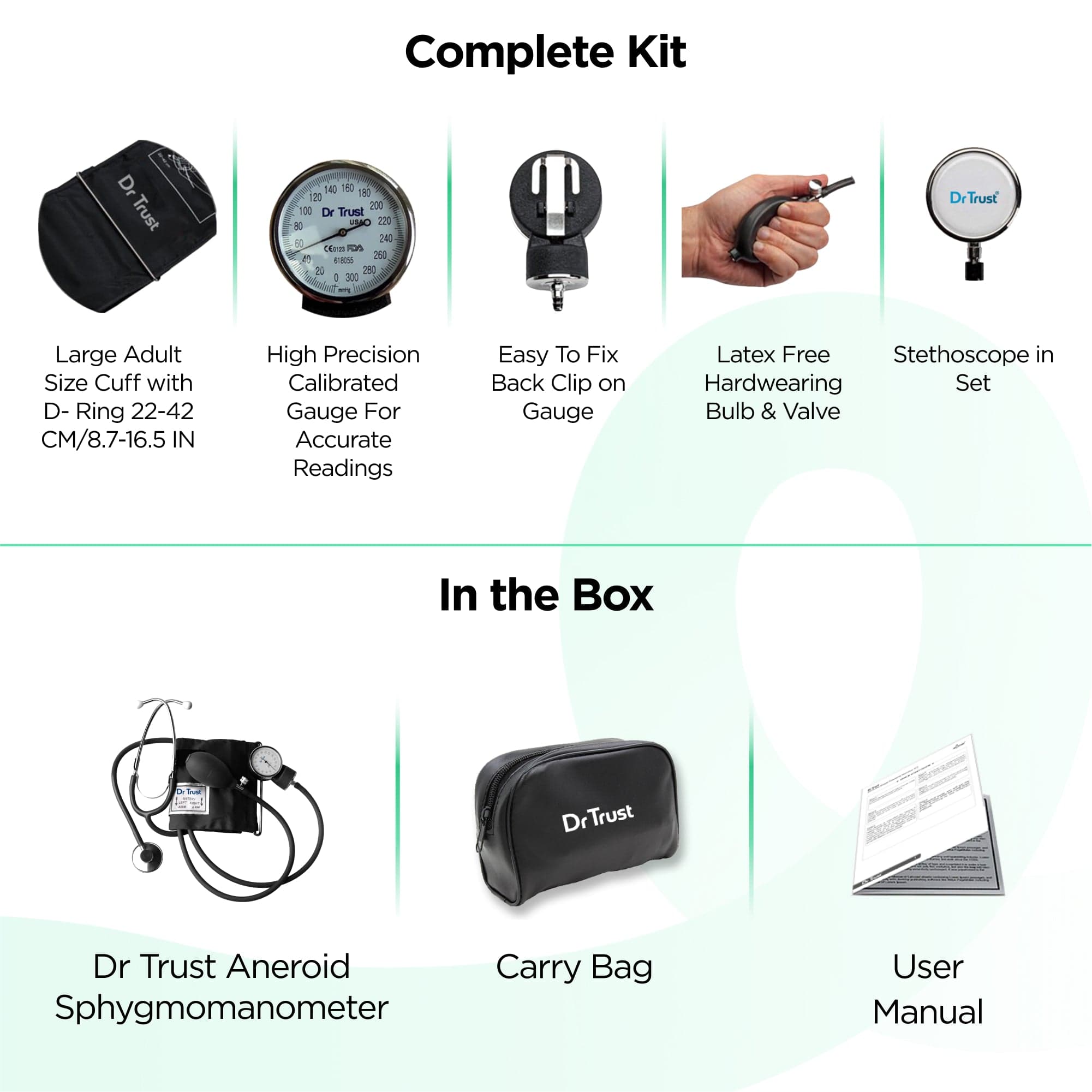 Dr Trust USA Aneroid Sphygmomanometer with Stethoscope - Manual Blood Pressure Monitor for Home Use, Accurate & Portable BP Cuff Kit - Ideal for Nurses, Doctors & Home Health Monitoring