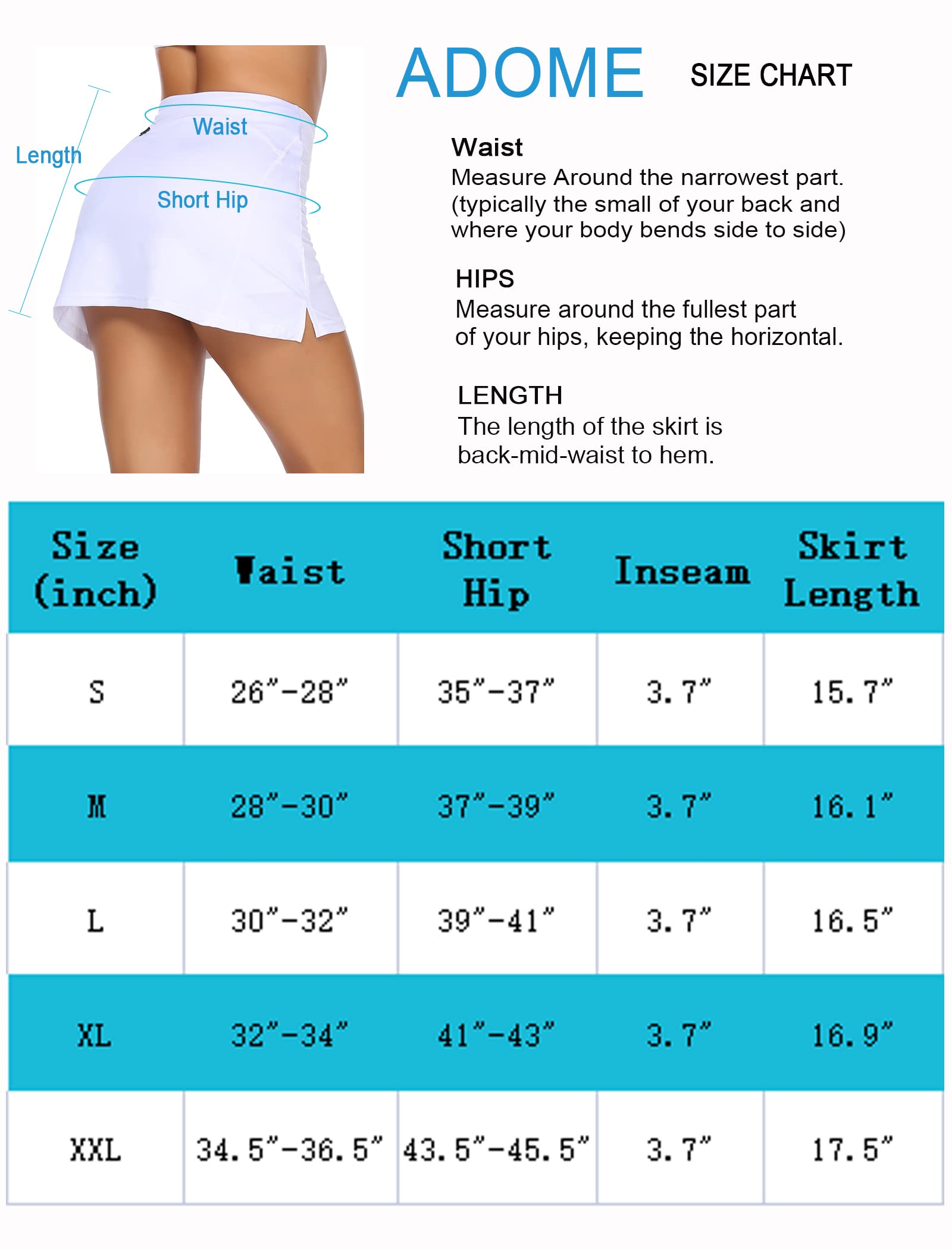 ADOME Women's Athletic Skort - Golf Tennis Running Skirt with Built-in Shorts & Pockets - Breathable Workout Sports Skirt for Women - Perfect for Golf, Tennis, Running & Gym Activities