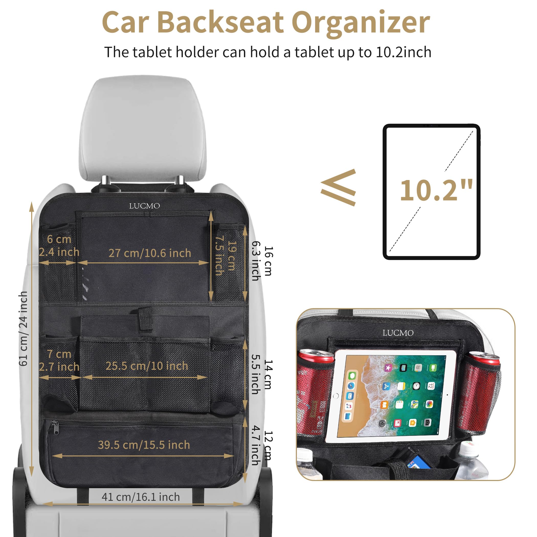LUCMO 2-Pack Car Backseat Organizer with Tablet Holder - 9 Storage Pockets, Kick-Proof Protector & Travel Accessories for Kids (Black) - Perfect for Road Trips, Family Vacations & Daily Commutes