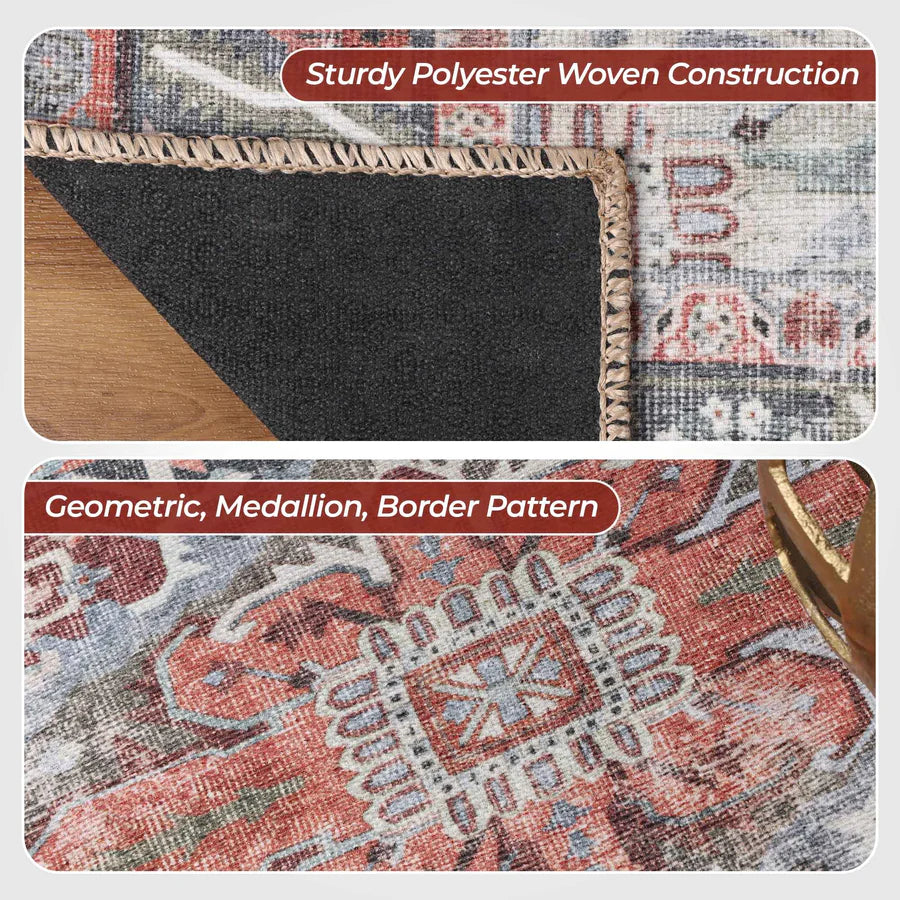 Handmade Rustic Medallion Border Area Rug - Non-Slip Indoor Runner for Living Room, Bedroom & Hallway - Boho Chic Home Decor