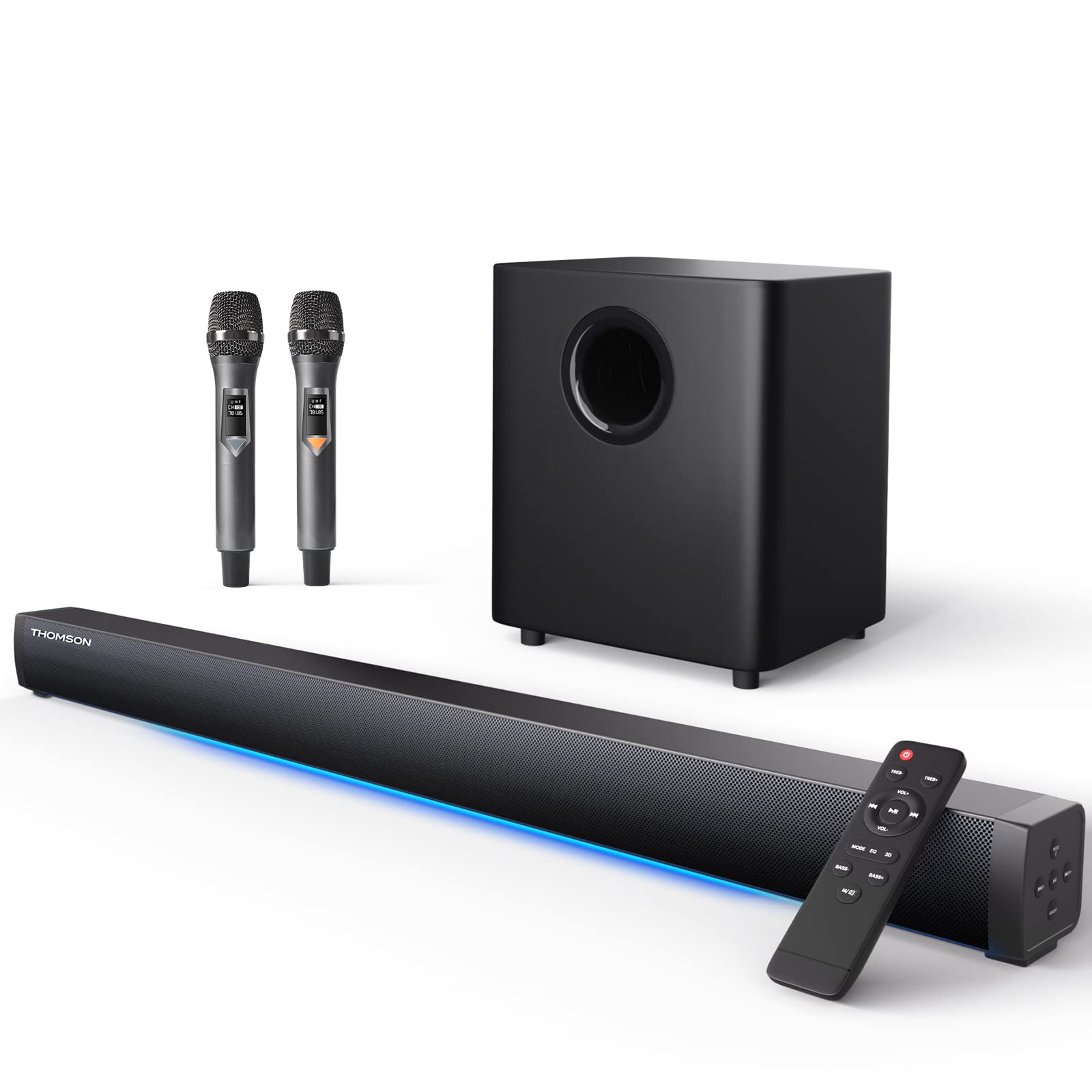 Thomson Soundbar with Wireless Subwoofer & Bluetooth 5.0 - 2.1 Channel Surround Sound System for TV with HDMI ARC/Optical/AUX/USB, Includes 2 Wireless Microphones & Remote - Perfect for Home Theater, Gaming & Karaoke Nights
