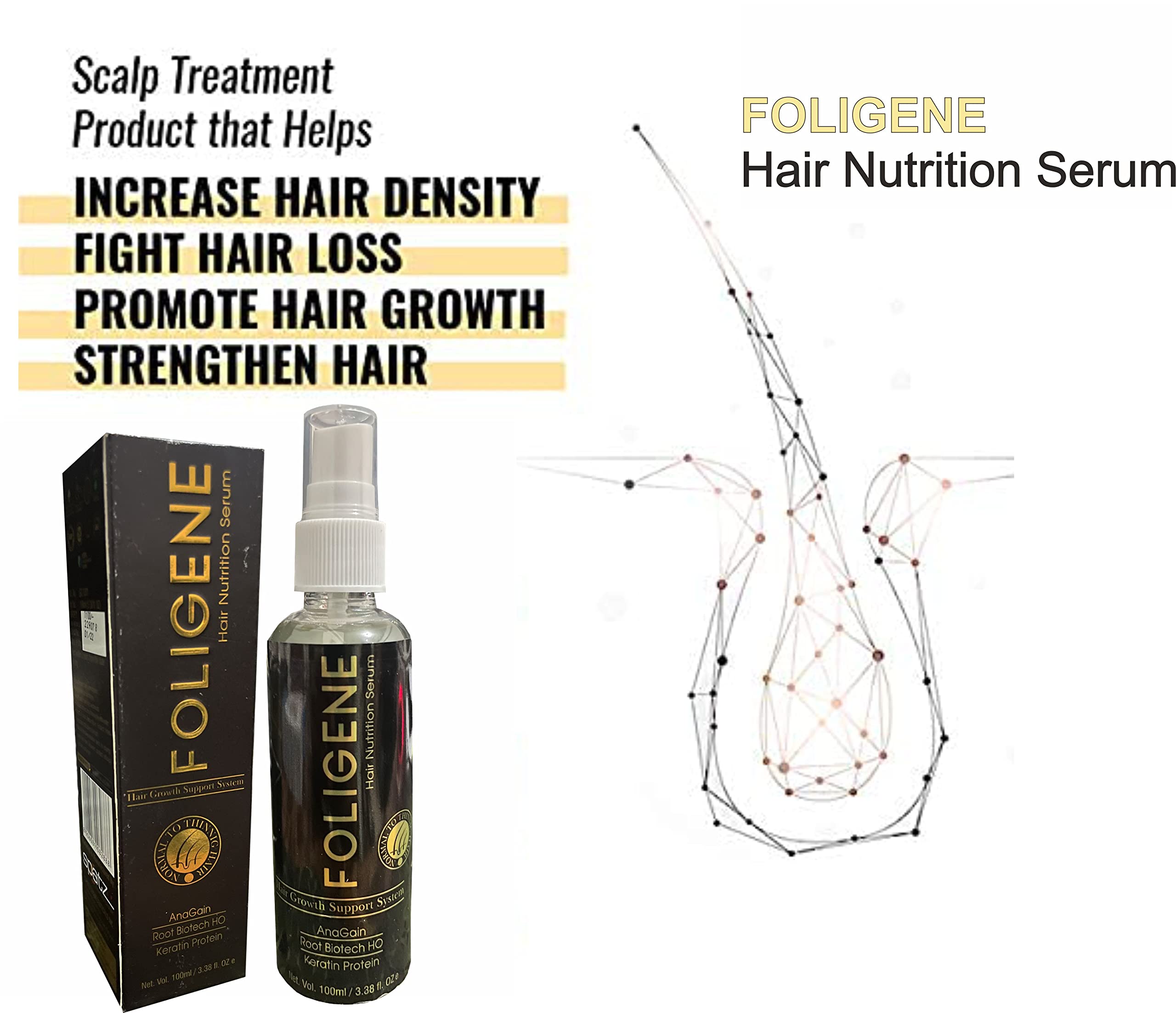 Rotex Foligene Hair Growth Serum with Anagain & Keratin Protein - 100ml Hair Treatment for Thicker, Stronger Hair | Prevents Hair Loss & Stimulates Growth | Ideal for Daily Use, Post-Wash Care & Scalp Nourishment
