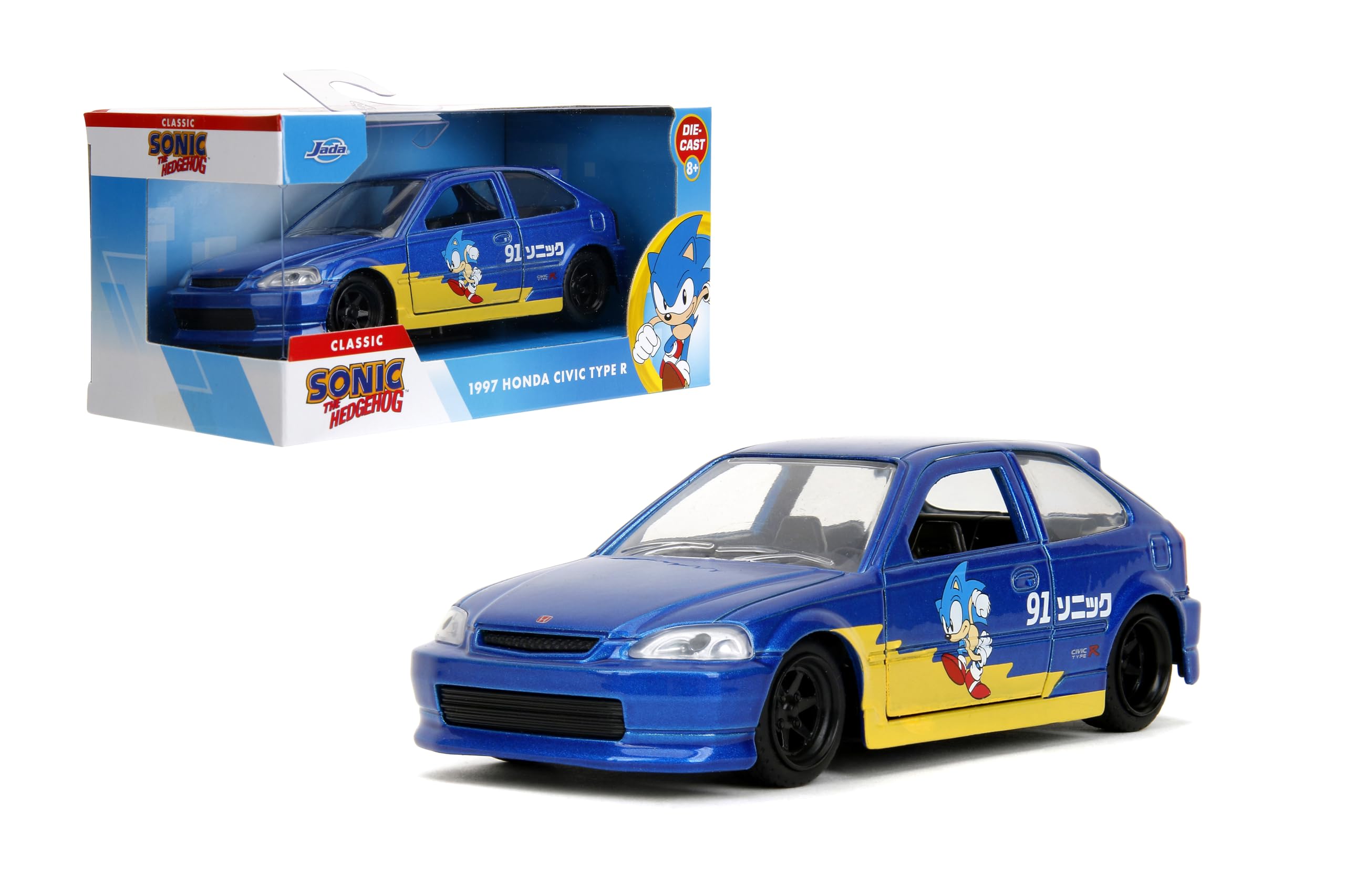 Jada Toys 1:32 Scale Sonic The Hedgehog & 1997 Honda Civic Type-R Die-Cast Car - Highly Detailed Collectible Model with Sonic Figure for Kids & Adults - Perfect for Display, Gifts, and Racing Game Fans