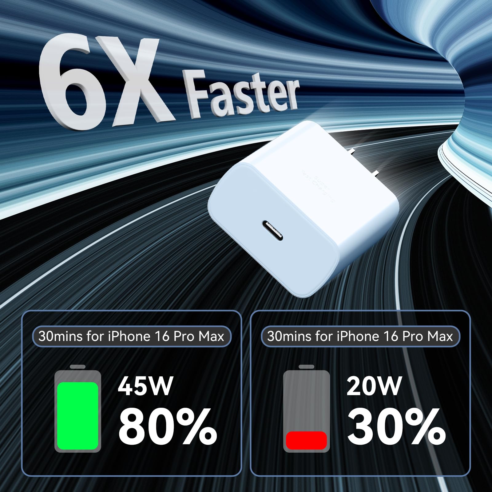 45W Super Fast USB C Charger Block with 6.6FT Long Cable - Fast Charging for Phone 16 Pro Max/16 Pro/16/16 Plus, 15 Pro Max/15 Pro/15 & Android Phones - Perfect for Home, Office & Travel (Blue)