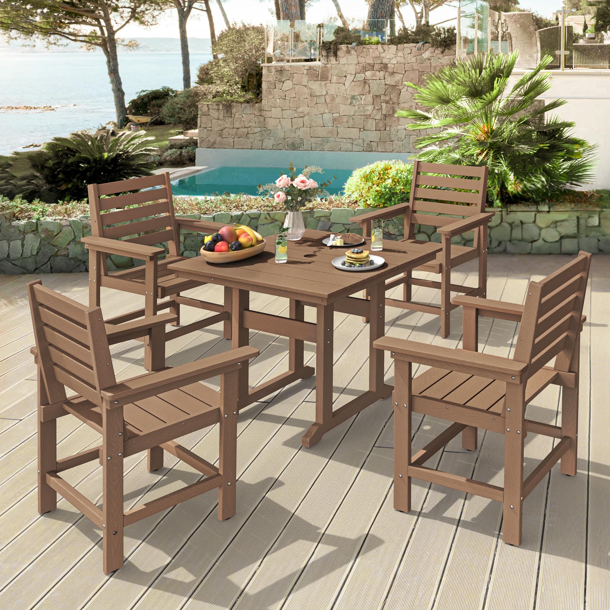 5-Piece Outdoor Patio Dining Set - HDPE Weather-Resistant Square Table with 4 Chairs & Umbrella Hole - Light Brown Balcony Furniture for Garden, Backyard & Poolside Relaxation