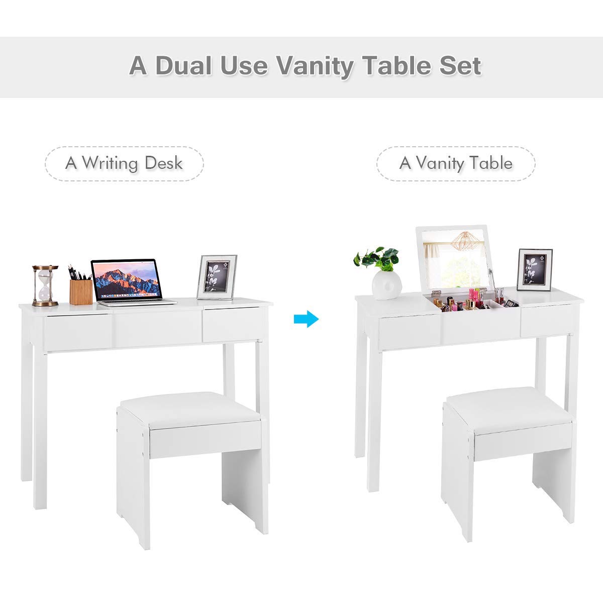 MAT EXPERT Vanity Set with Flip Mirror - Chic White Bathroom Dressing Table with 2 Drawers & 3 Removable Grids, Makeup Organizer Writing Desk with Padded Stool - Multifunctional Dresser for Office, Bedroom, and Home Decor | Perfect for Makeup Application, Skincare Routine, and Workspace Organization