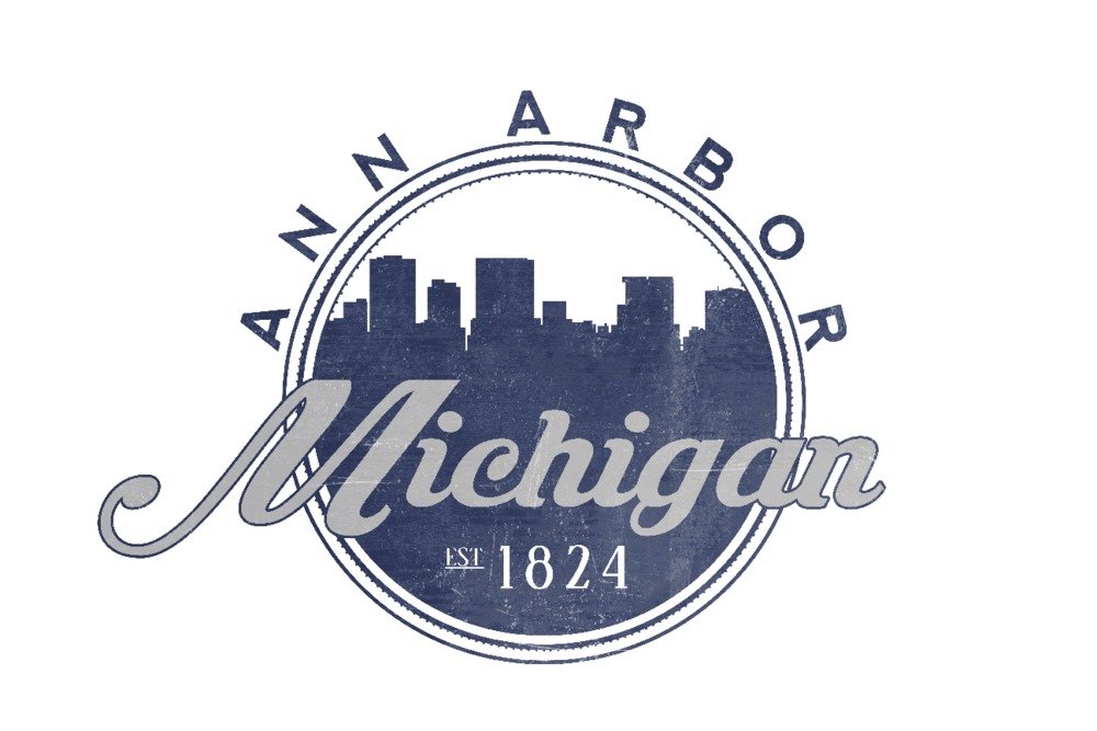 Ann Arbor Michigan Skyline Seal Blue Art Print - 24x36 Signed Wall Decor Poster for Home & Office - Perfect for Living Room, Bedroom, or Gift