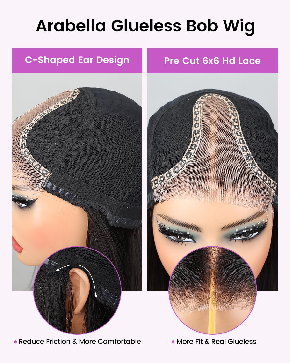 Arabella 6x6 Wear and Go Glueless Wigs Human Hair 210% Density Loose Curly Bob Wig with Lace Front | Pre-Cut Lace & Bleached Knots | 14inch Natural Human Hair Wig for Daily Wear & Special Occasions