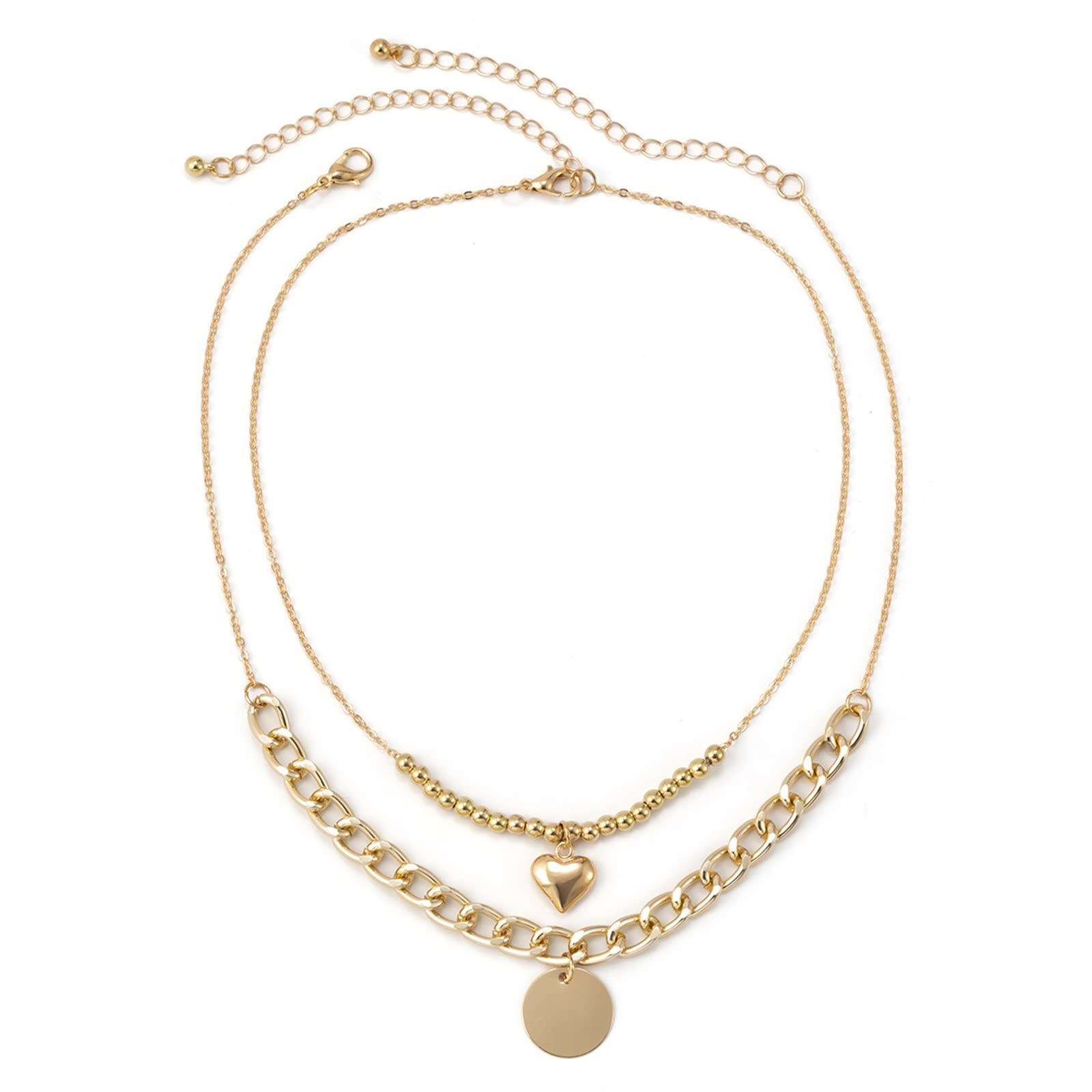 KnBoB 2-Layer Bohemian Necklace for Women - Adjustable Gold Plated Cuban Chain with Heart & Disc Pendant | Perfect for Casual Wear, Date Nights & Gift Giving