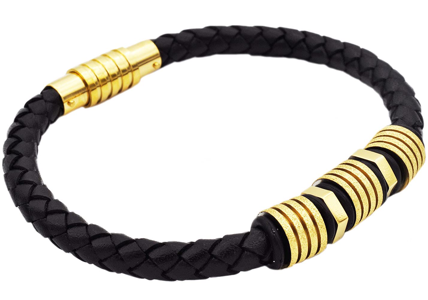 Blackjack Jewelry Men's Black Leather Sandblasted Stainless Steel Bracelet - Durable & Stylish Bracelet for Men, Perfect for Casual Wear, Gifts & Everyday Fashion Accessories