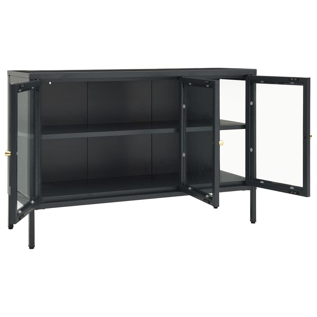Modern Anthracite Sideboard with Steel Frame & Glass Doors - Sleek Design, Adjustable Shelves & Feet, 41.3