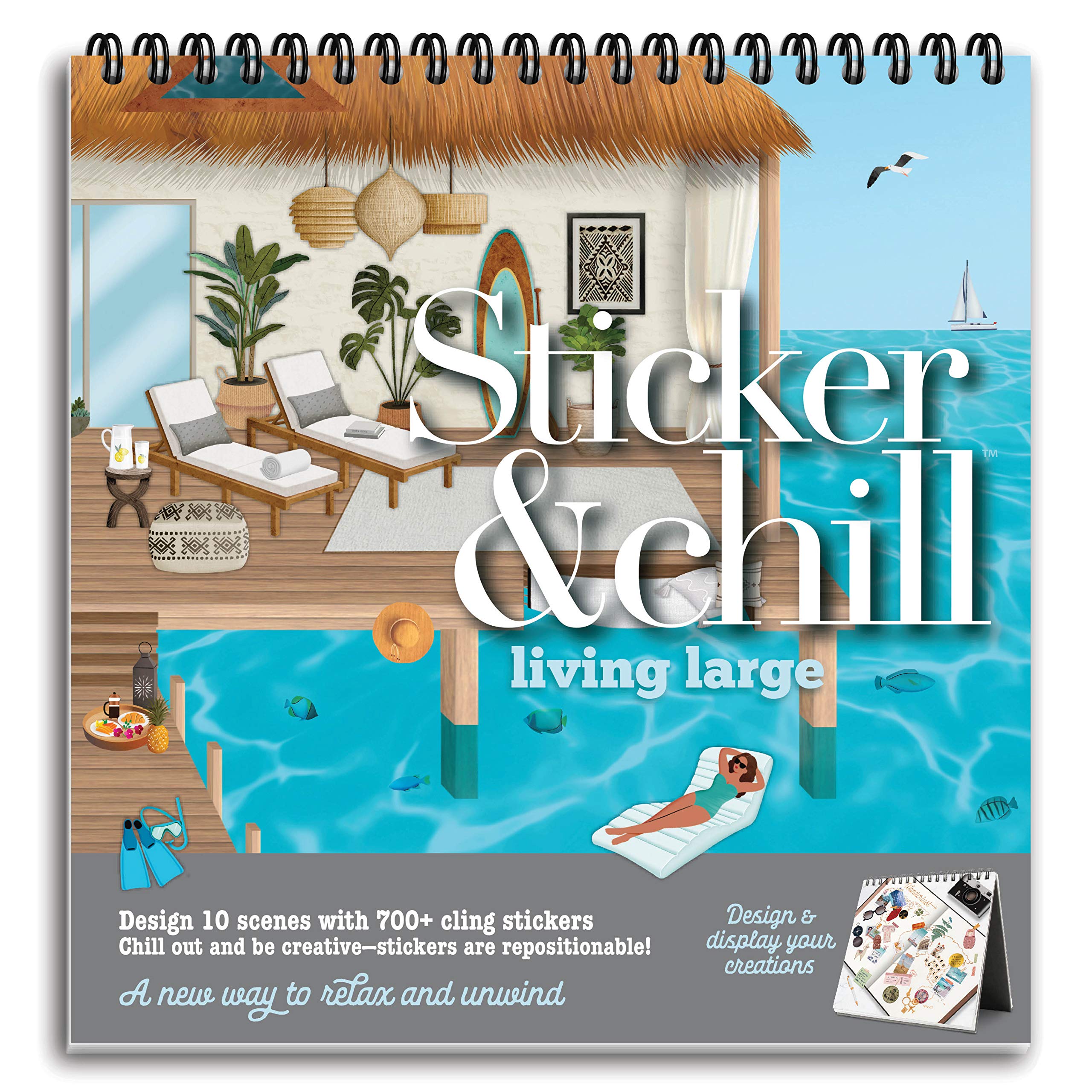 Sticker & Chill Sticker Book for Adults - 700+ Repositionable Colorful Stickers with 10 Spiral Bound Scene Pages | Stress Relieving Creative Activity | Perfect for Art Therapy, Journaling & Relaxation at Home or Office