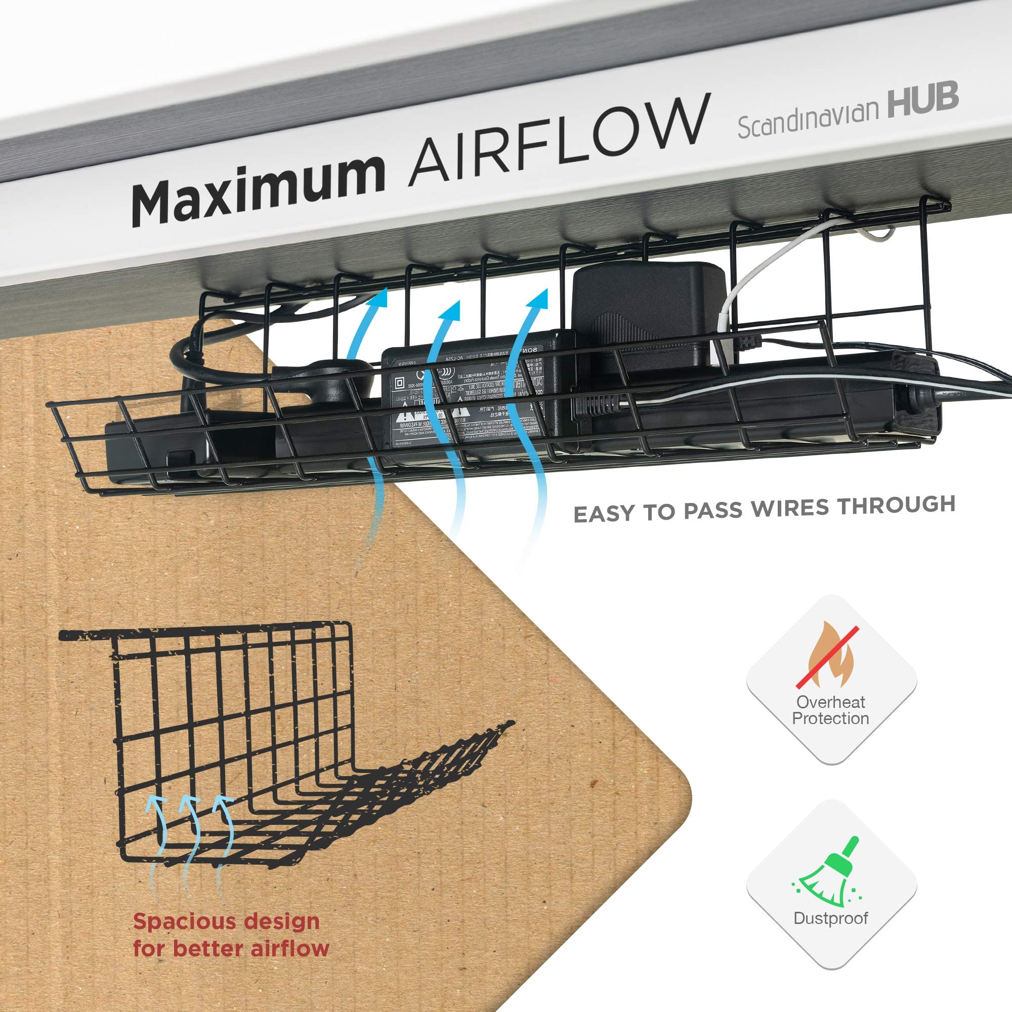 Under Desk Cable Management Tray - 2 Pack Black Wire Organizer for Home Office, Computer Desk & Gaming Setup - Cable Holder for Neat Workspace & Tangle-Free Wires (17 Inch)