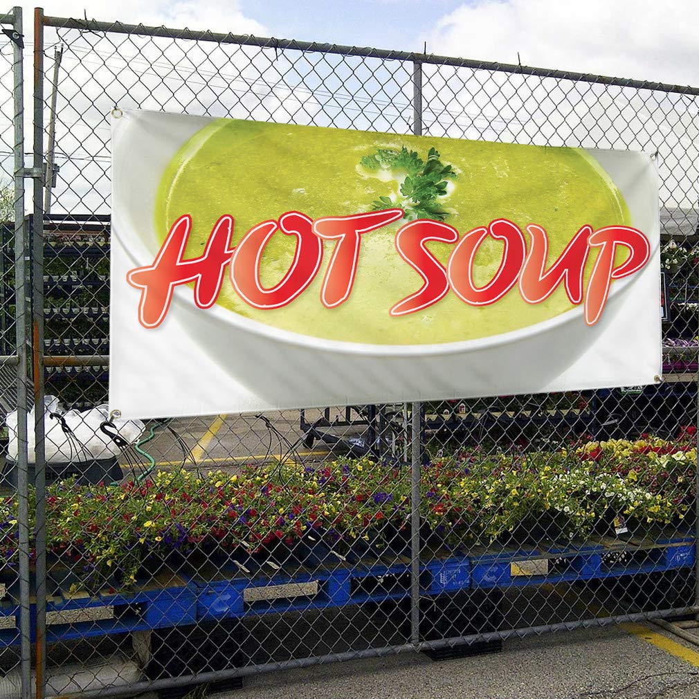 Premium Vinyl Banner 48x96 Inches - Heavy Duty Weatherproof Outdoor Sign with 8 Metal Grommets for Hot Soup Advertising, Food & Beverage Promotion, Industrial Yard Signs - Ideal for Restaurants, Food Trucks, Outdoor Events, Trade Shows & Construction Sites