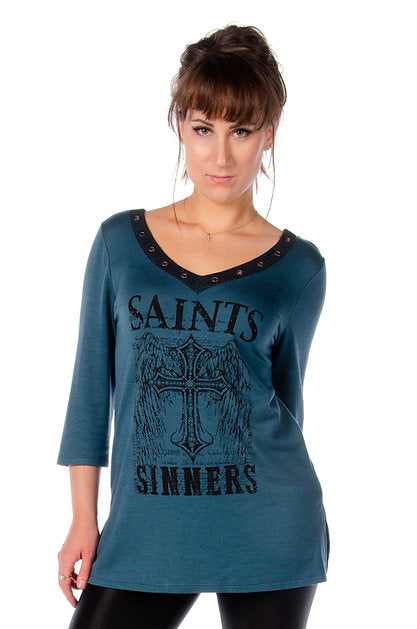 Saint and Sinners Graphic T-Shirt for Men & Women | Vintage Inspired Cotton Tee | Perfect for Casual Wear, Parties & Halloween Costumes