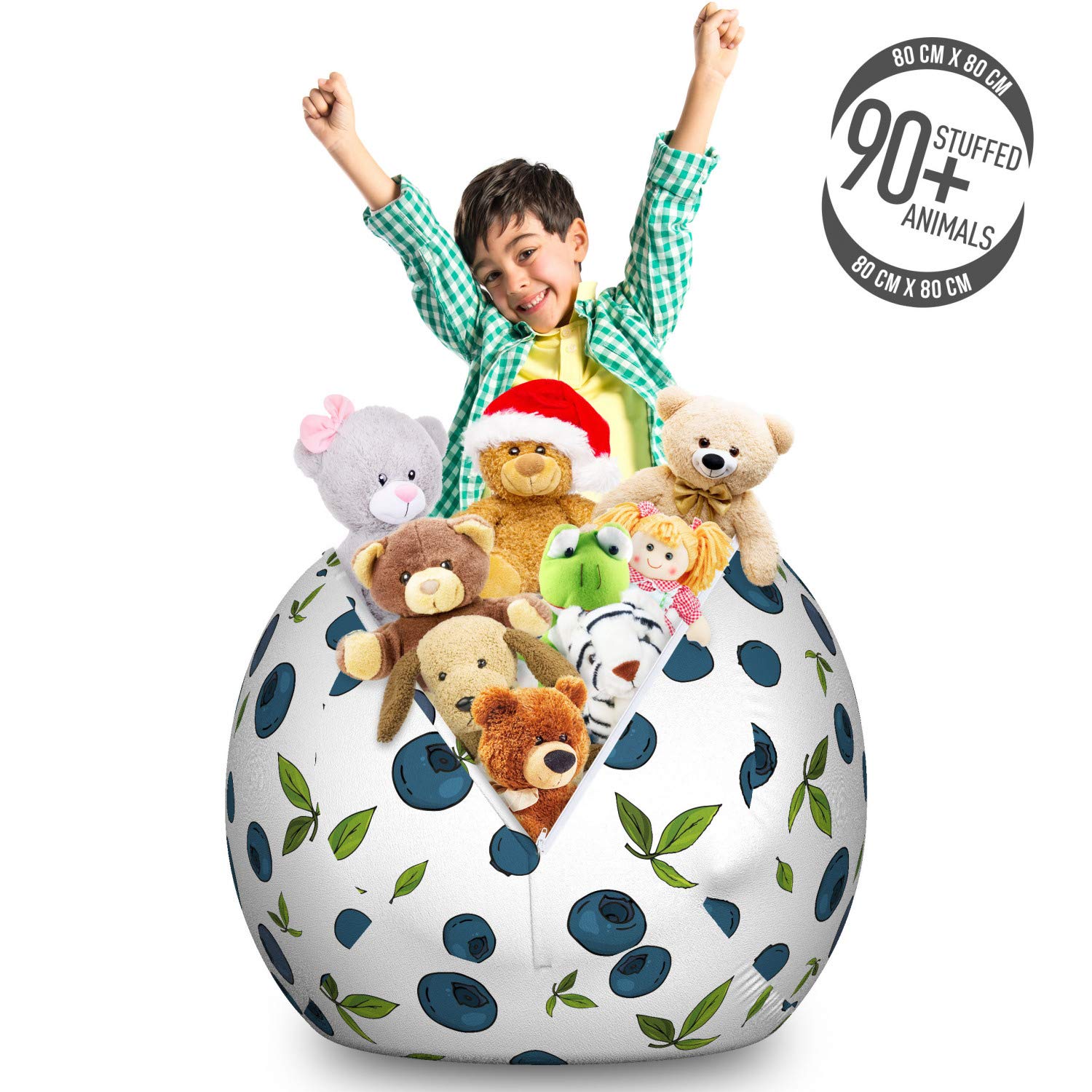 Ambesonne Fruit Storage Toy Bag Chair - Large Washable Stuffed Animal Organizer with Blueberry Design in Petrol Blue, White & Green | Perfect for Kids' Room, Nursery Storage & Pet Toy Organization