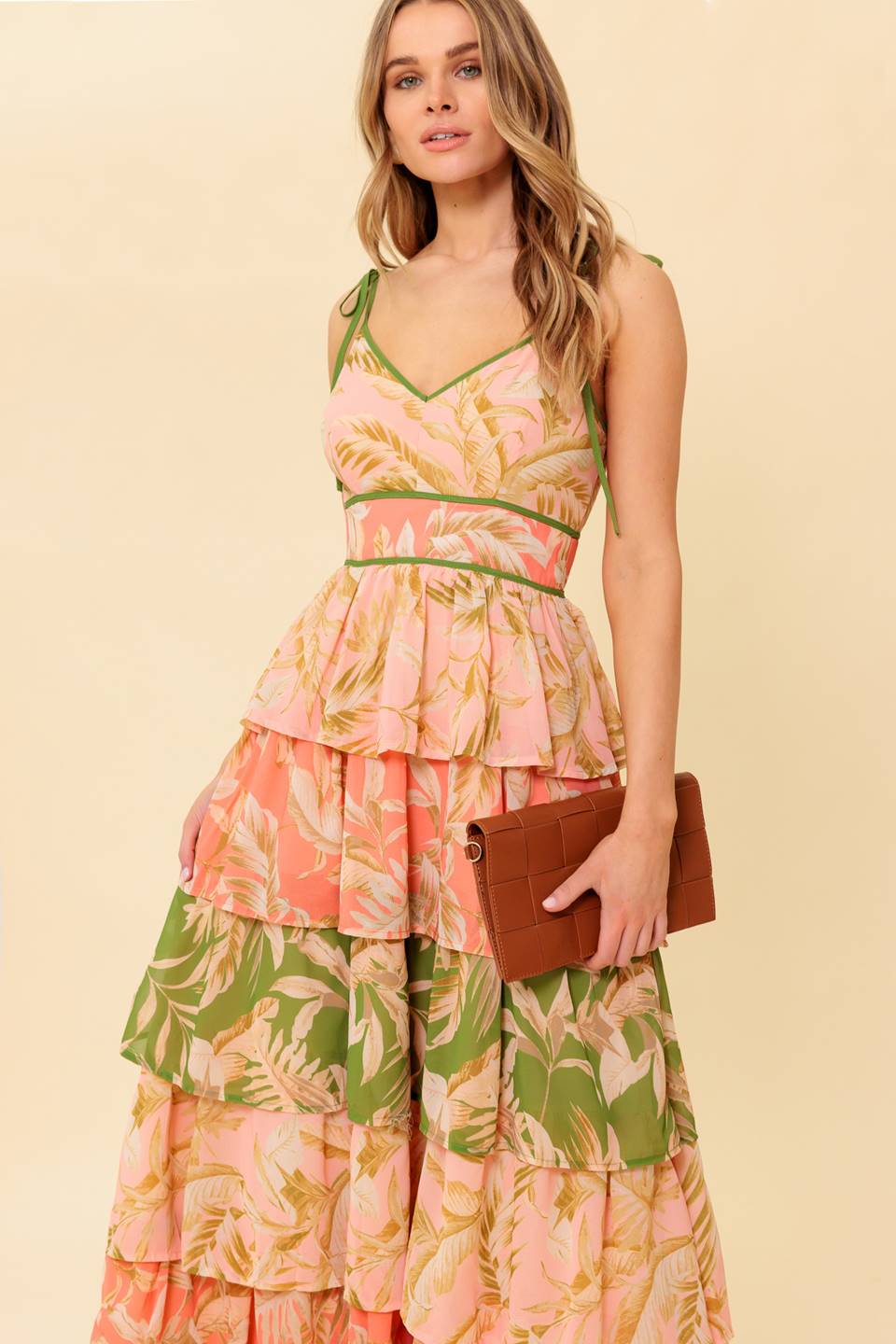 FEELS LIKE HOME TIERED MAXI DRESS in Peach & Green - Perfect for Summer Vacations, Beach Weddings & Boho Chic Outfits