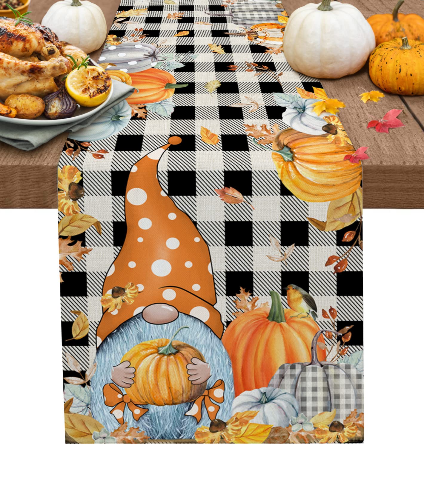 Long Thanksgiving Table Runner - Gnome Holding Pumpkin with Autumn Leaves on Black & White Plaid - Cotton Linen Dining Table Decor for Parties, Banquets & Holiday Events - Perfect for Fall Gatherings & Home Decor