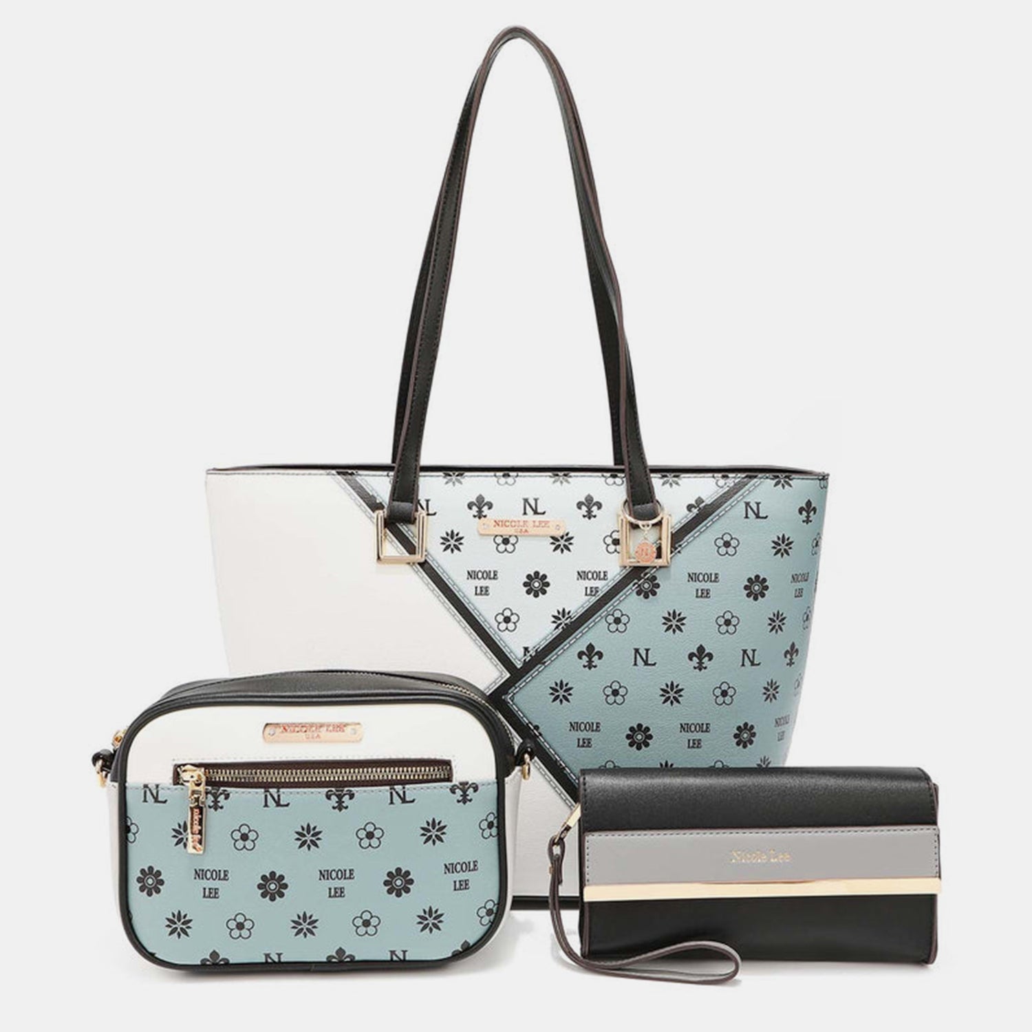 Nicole Lee USA 3 Piece Color Block Handbag Set - Trendy Women's Tote, Crossbody & Clutch Purse Combo for Work, Travel & Evening Out