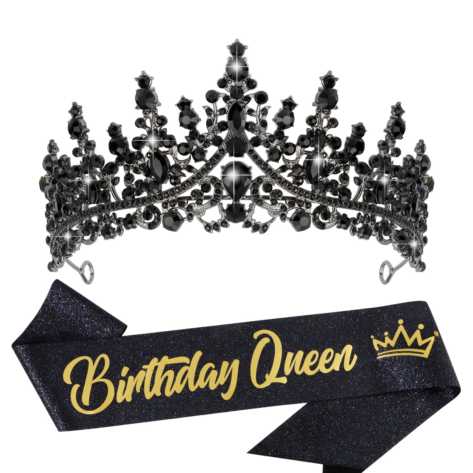 VELSCRUN Black Crystal Birthday Queen Tiara Crown for Women & Girls - Elegant Princess Headband with Sash for Birthday Parties, Gifts for Mom & Sisters - Perfect for Birthday Celebrations, Bridal Showers & Special Events