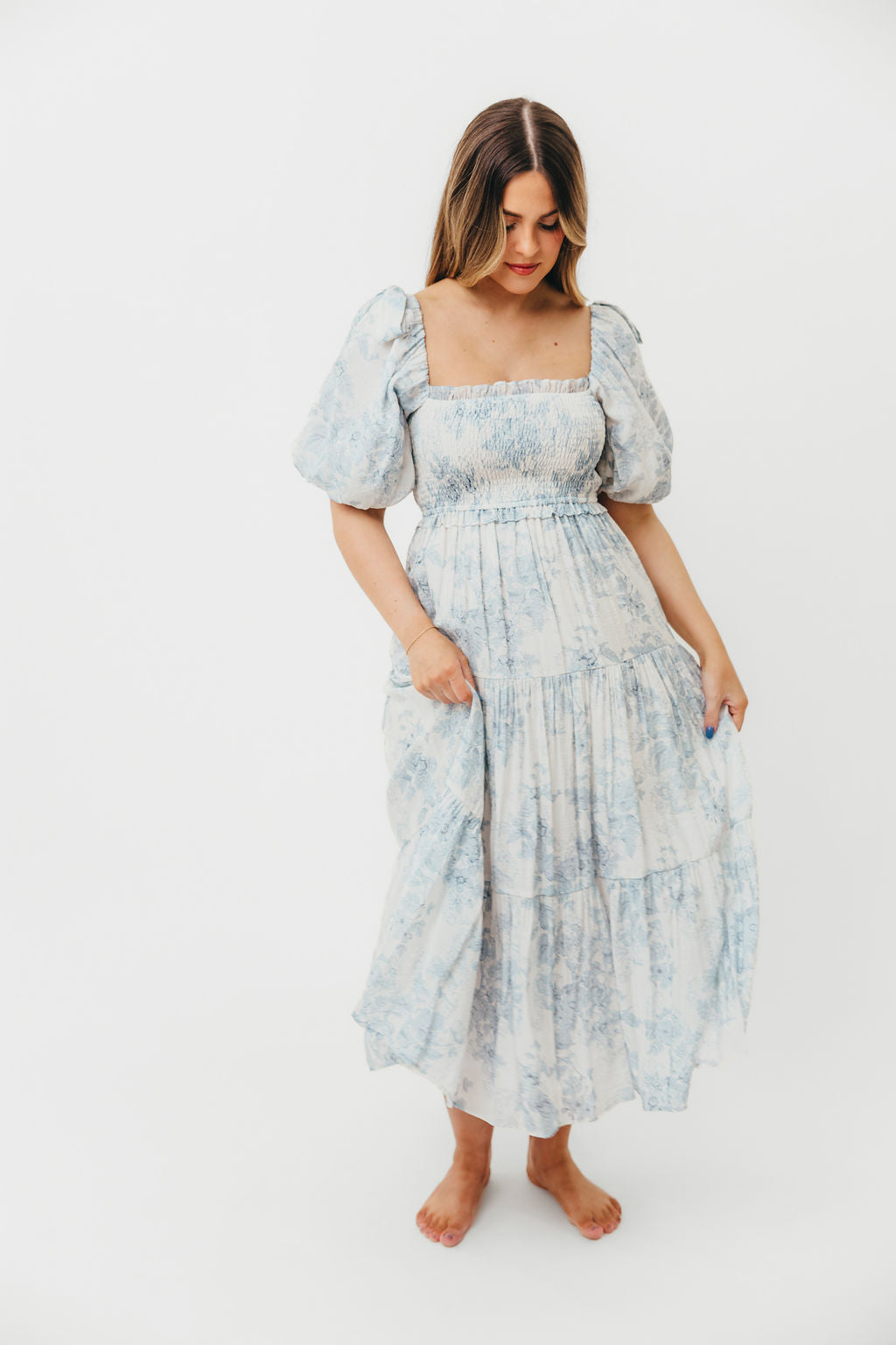 Elena Floral Print Smocked Midi Dress in Blue - Bump Friendly Maternity Dress & Inclusive Sizing for Women - Perfect for Baby Showers, Bridal Events & Summer Weddings