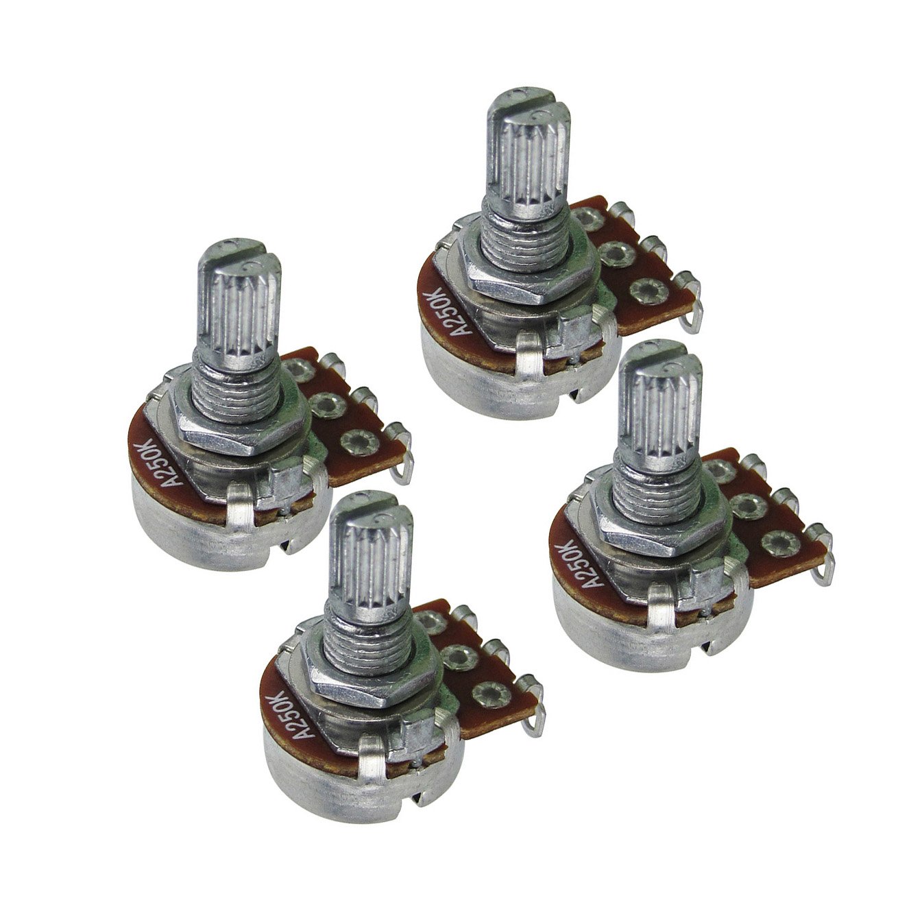 FLEOR 4pcs A250K Guitar Potentiometers - Small Size Knurled Split Shaft Audio Taper for Electric Guitar, Bass & DIY Audio Projects - Perfect for Volume/Tone Control & Amp Modifications