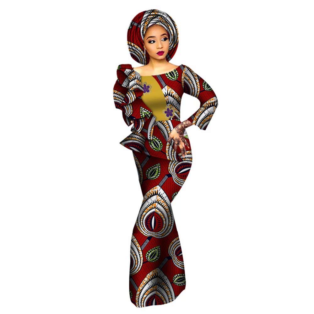 African Print Maxi Dress for Women - Elegant Long Sleeve Ruffle Mermaid Dress with Matching Headwrap | Perfect for Weddings, Parties & Cultural Events