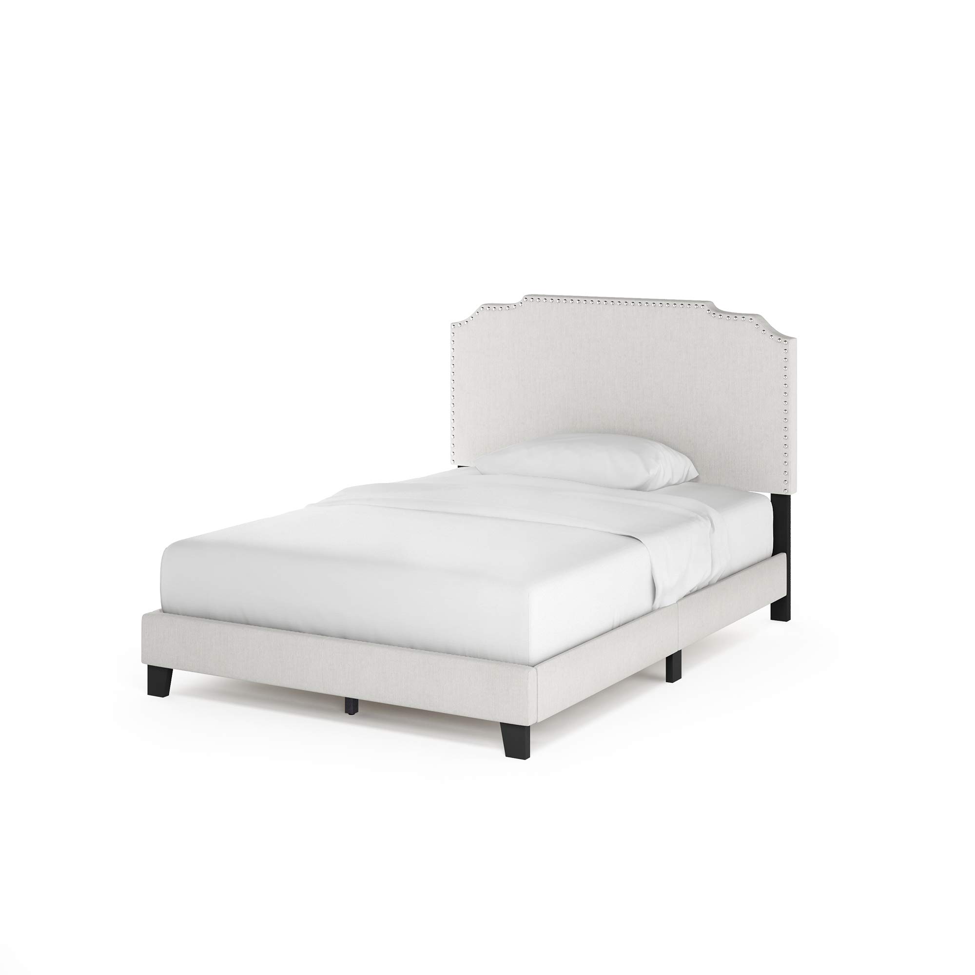 Furinno Nadia Nailhead Trim Full Size Bed Frame in Gray - Modern Upholstered Platform Bed with Wooden Slats Support - Perfect for Guest Rooms, Dormitories & Small Bedrooms