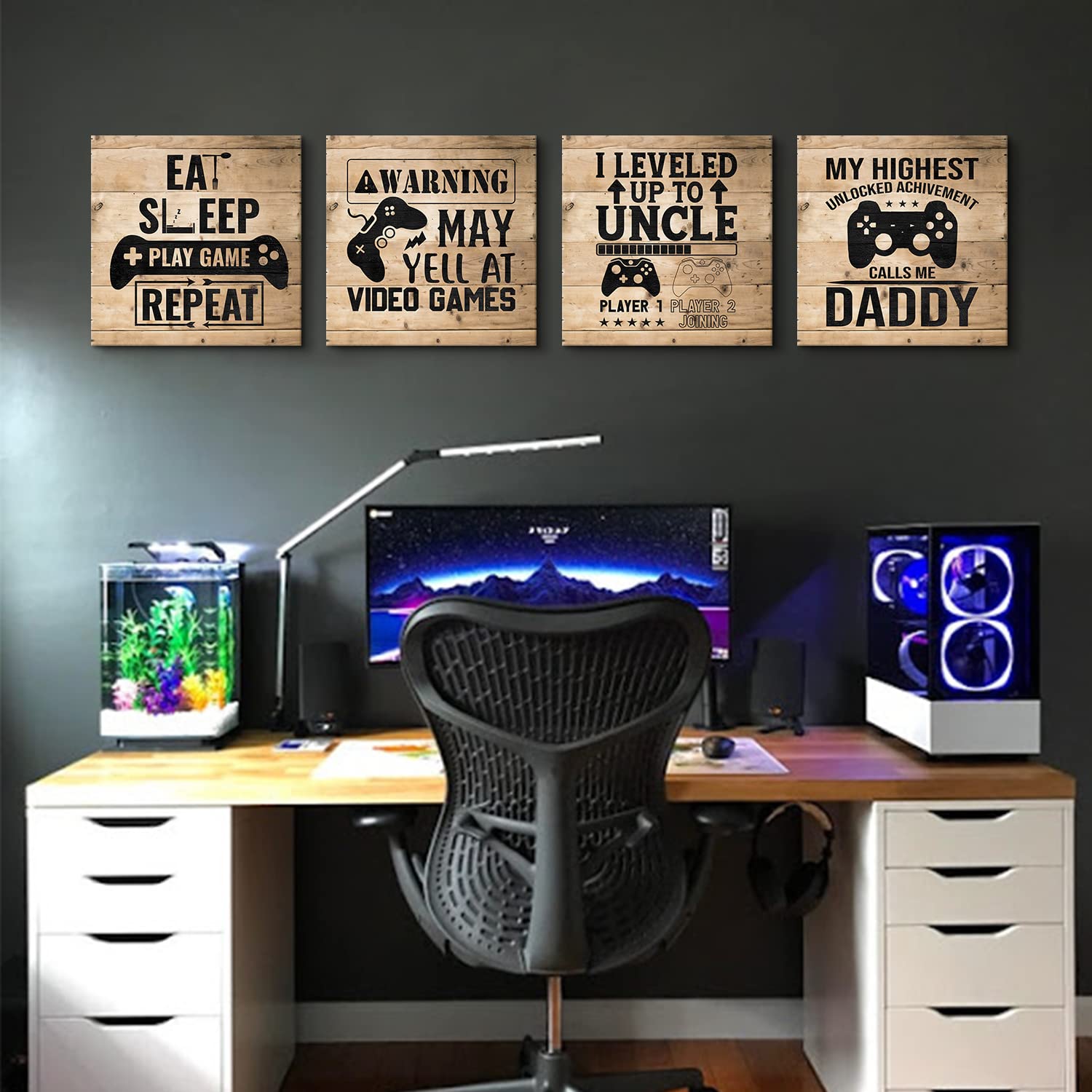 12x12 Inch Gaming Wall Art Set of 4 - Kids Room Decor, Boys Bedroom Canvas Posters, Video Game Themed Nursery Paintings, Farmhouse Style Gamer Playroom Decor - Perfect for Birthday Gifts & Gaming Room Wall Decor