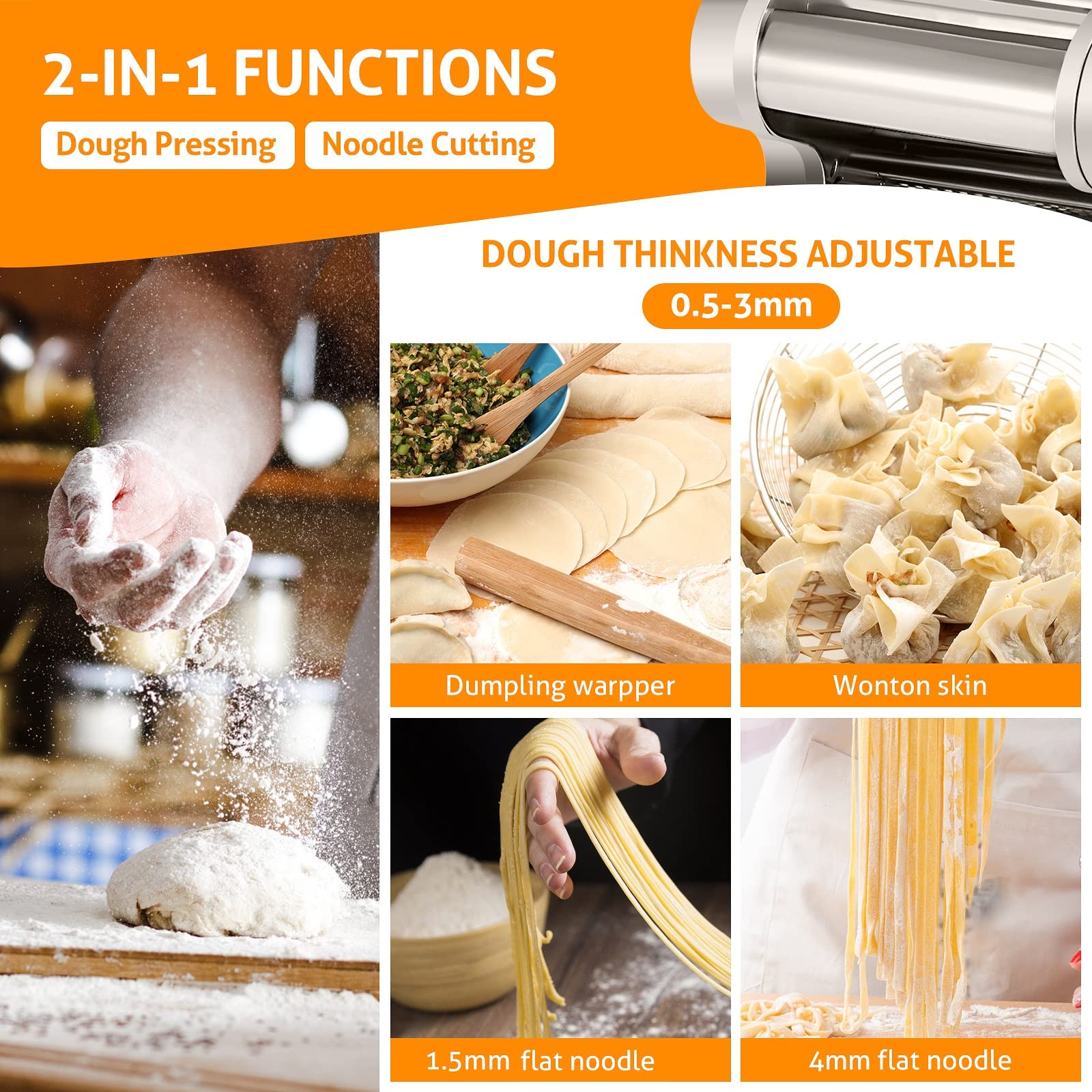 WICHEMI Electric Pasta Maker Machine - 135W Stainless Steel Pasta Dough Roller & Noodle Press for Spaghetti, Fettuccine | Includes 1.5mm & 4mm Flat Noodle Attachments | Perfect for Home Kitchen & Italian Cooking