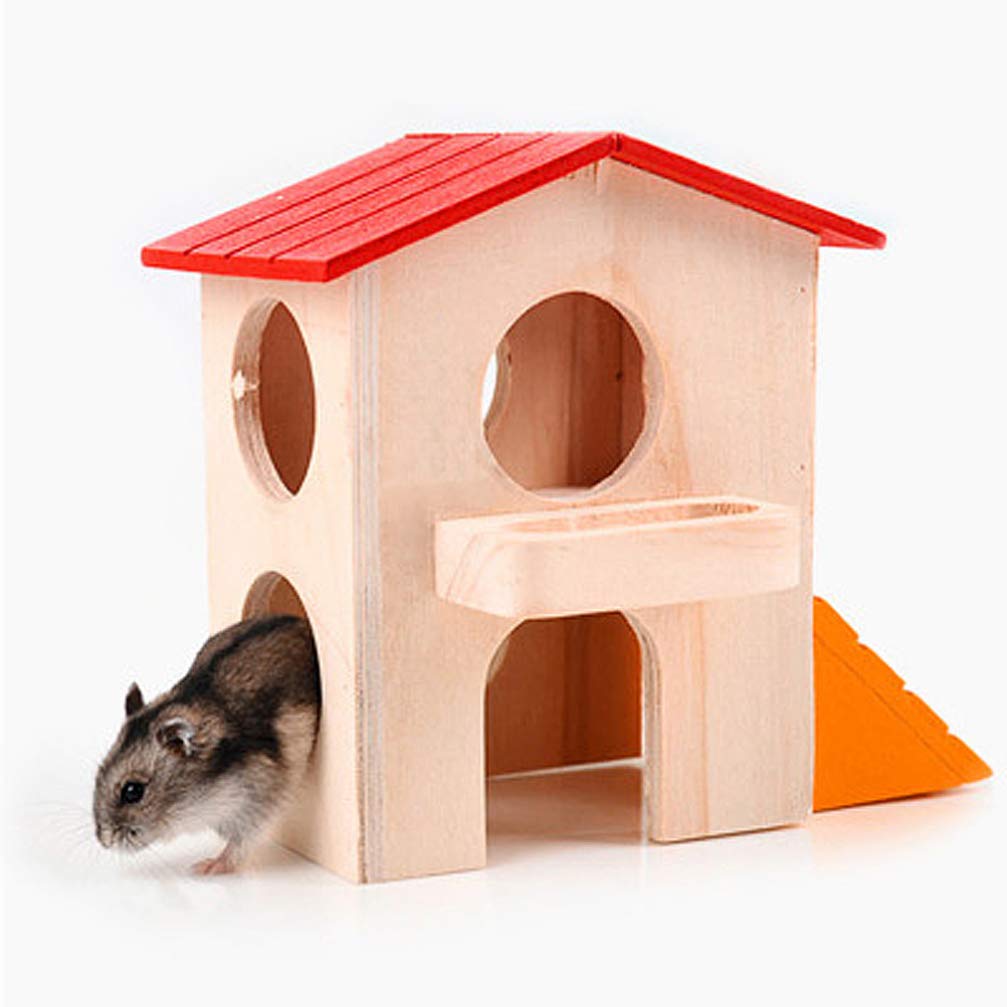 POPETPOP Hamster Hideout - Natural Wooden Gerbil House with Ladder, 2-Story Small Animal Playhouse for Dwarf Hamsters & Mice - Chew Toy & Cozy Habitat for Cage Accessories (Perfect for Playtime & Nesting)