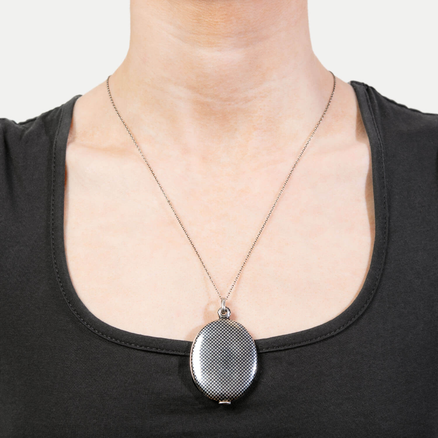 Victorian Sterling Silver Niello Checkerboard Locket Pendant Necklace - Antique Jewelry Gift for Women, Perfect for Weddings, Anniversaries & Special Occasions