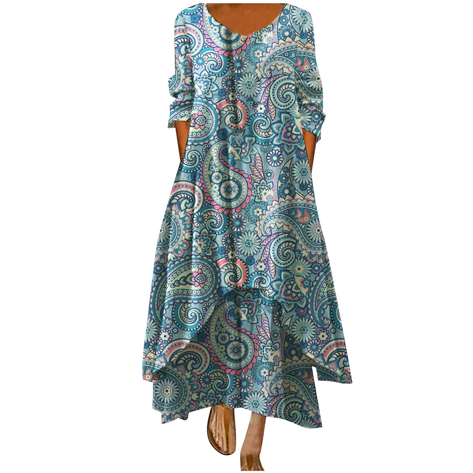 Amikadom Women's Floral Maxi Dress Long Sleeve Crewneck Casual Graphic Print Summer Fall Dress - Perfect for Beach Vacations, Date Nights and Office Wear