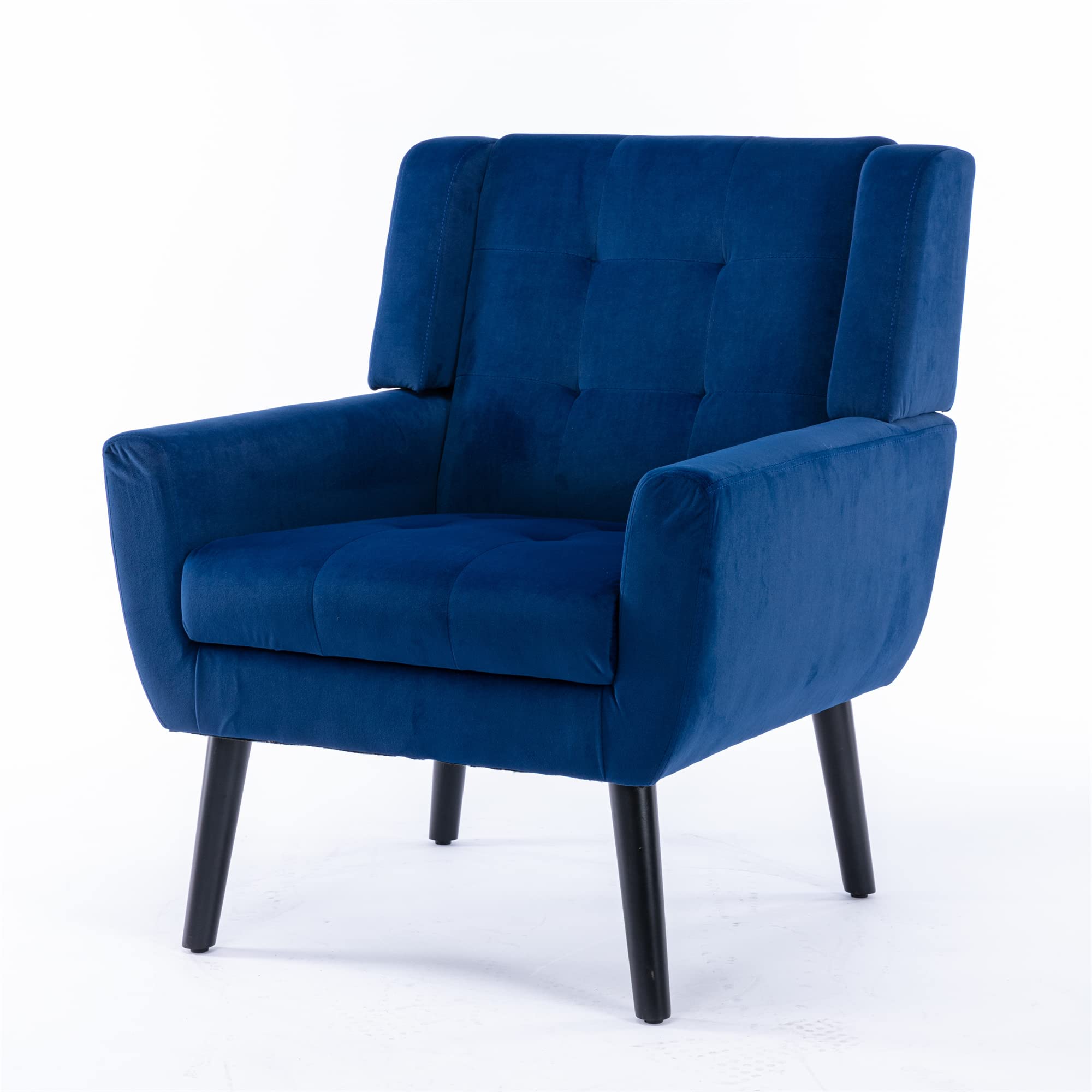 Modern Upholstered Button Tufted Accent Chair with Black Legs - Blue Linen Fabric Armchair for Living Room, Bedroom & Home Decor - Ergonomic Comfort Sofa Chair for Relaxing, Reading & Lounge Spaces