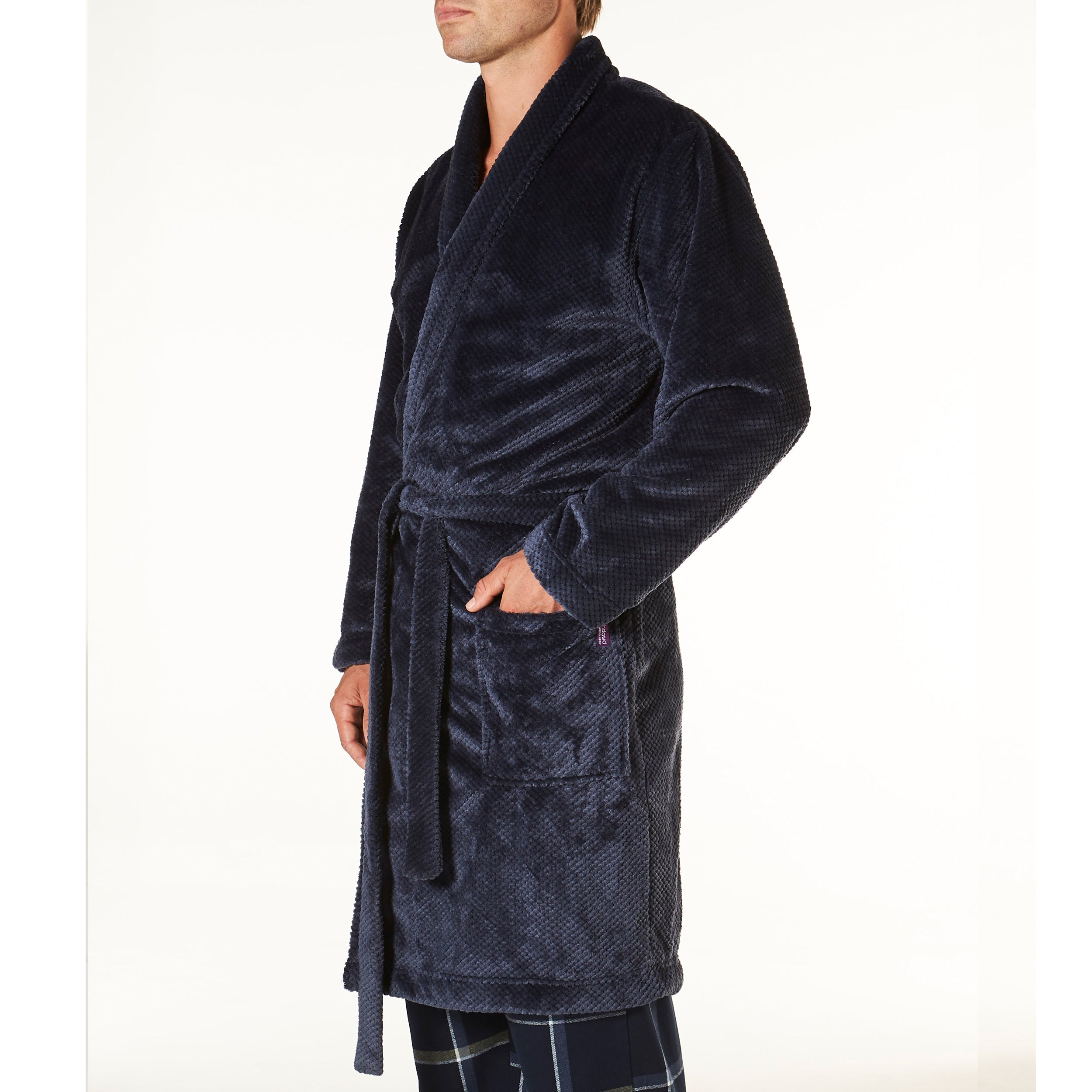 Men's Waffle Texture Coral Fleece Robe - Soft & Warm Navy Blue Bathrobe for Winter - Perfect for Lounging, Spa Days & Cozy Evenings at Home