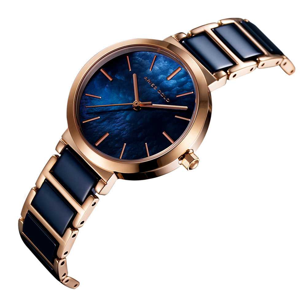 ARIES GOLD ENCHANT L 5037Z RG BU BLUE CERAMIC WOMEN'S WATCH - Luxury Ceramic Watch for Women, Rose Gold Case with Blue Dial - Perfect for Office, Party & Special Occasions