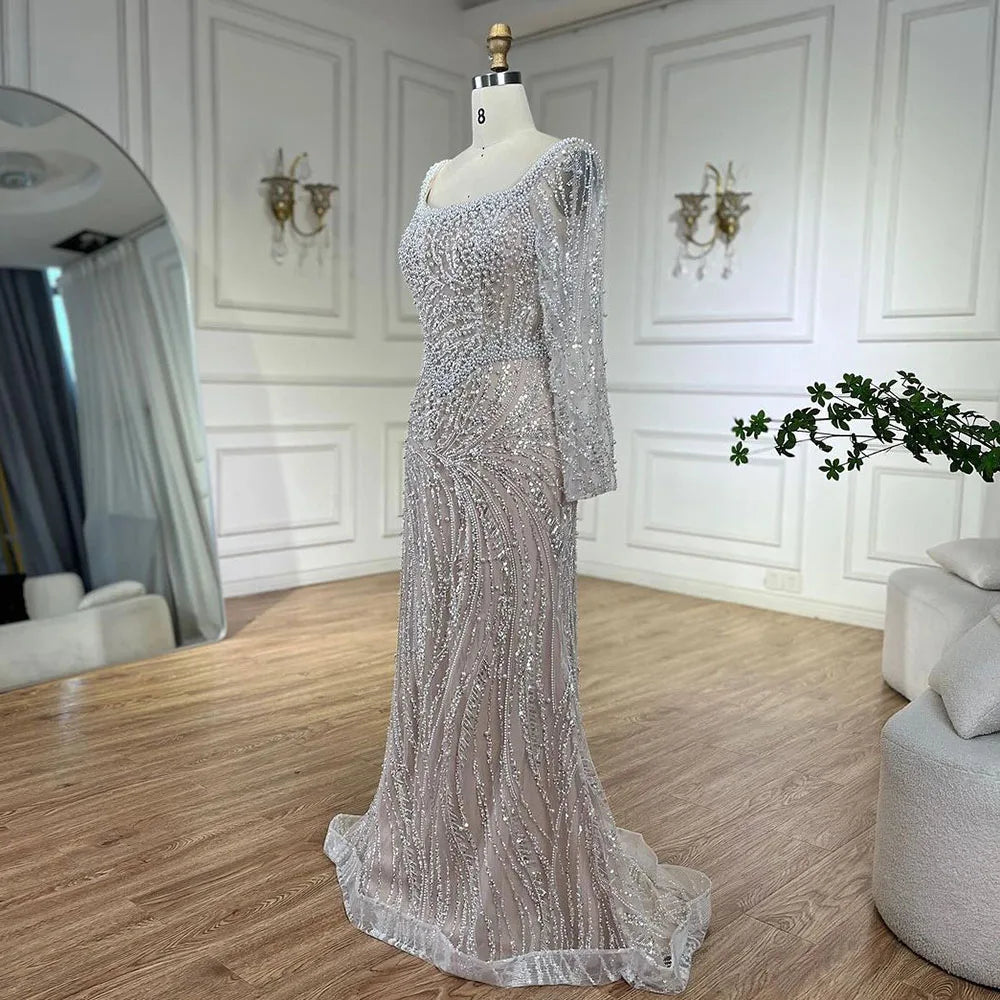 Elegant Muslim White Mermaid Evening Dress with Pearl Beading for Women - Luxury Dubai Wedding & Party Gown - Perfect for Bridal, Formal Events & Special Occasions