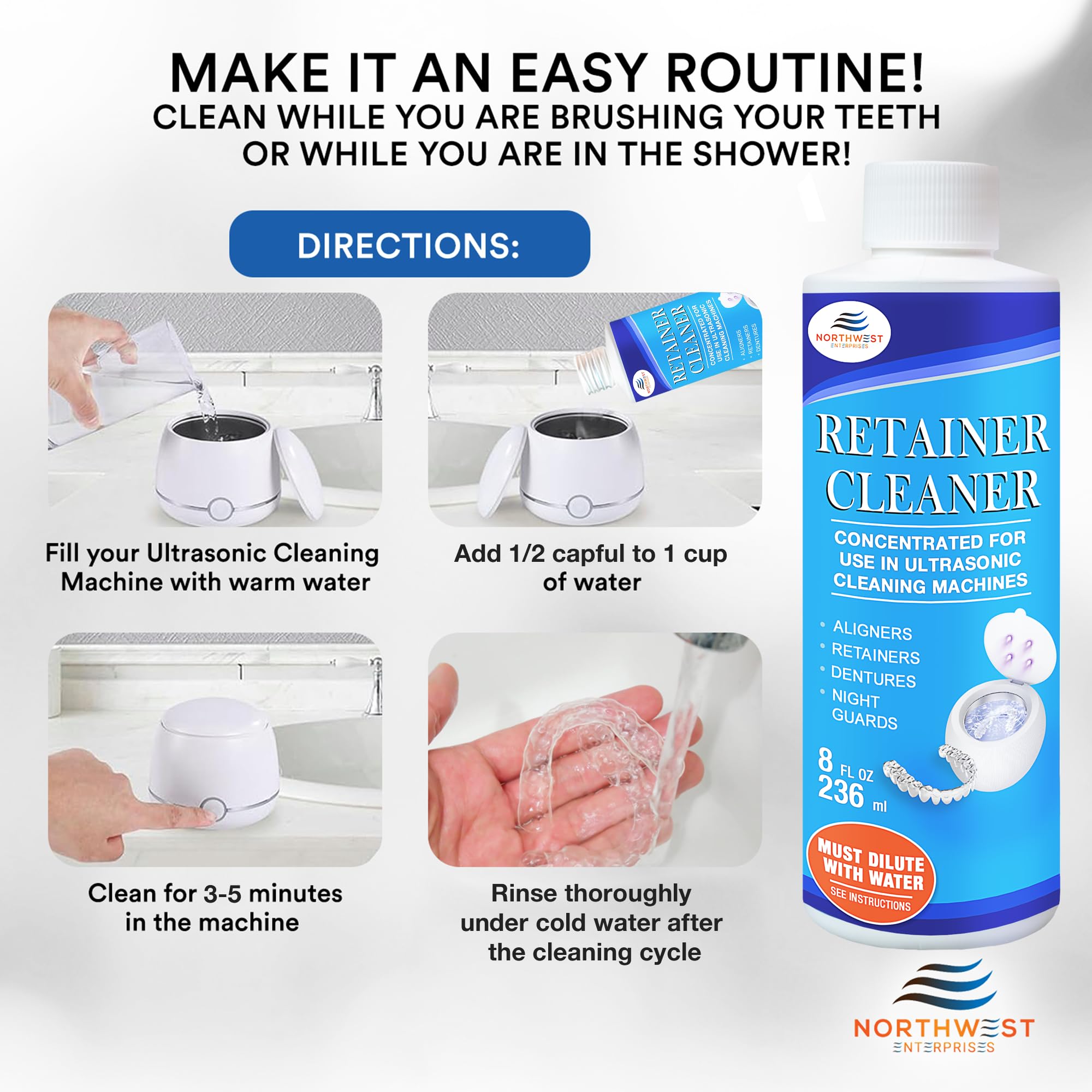 Premium Ultrasonic Retainer & Denture Cleaner Solution Concentrate (16 oz) - Removes Odor, Stains & Discoloration - Safe for Mouthguards, Invisalign, Night Guards - Ideal for Daily Dental Appliance Cleaning at Home