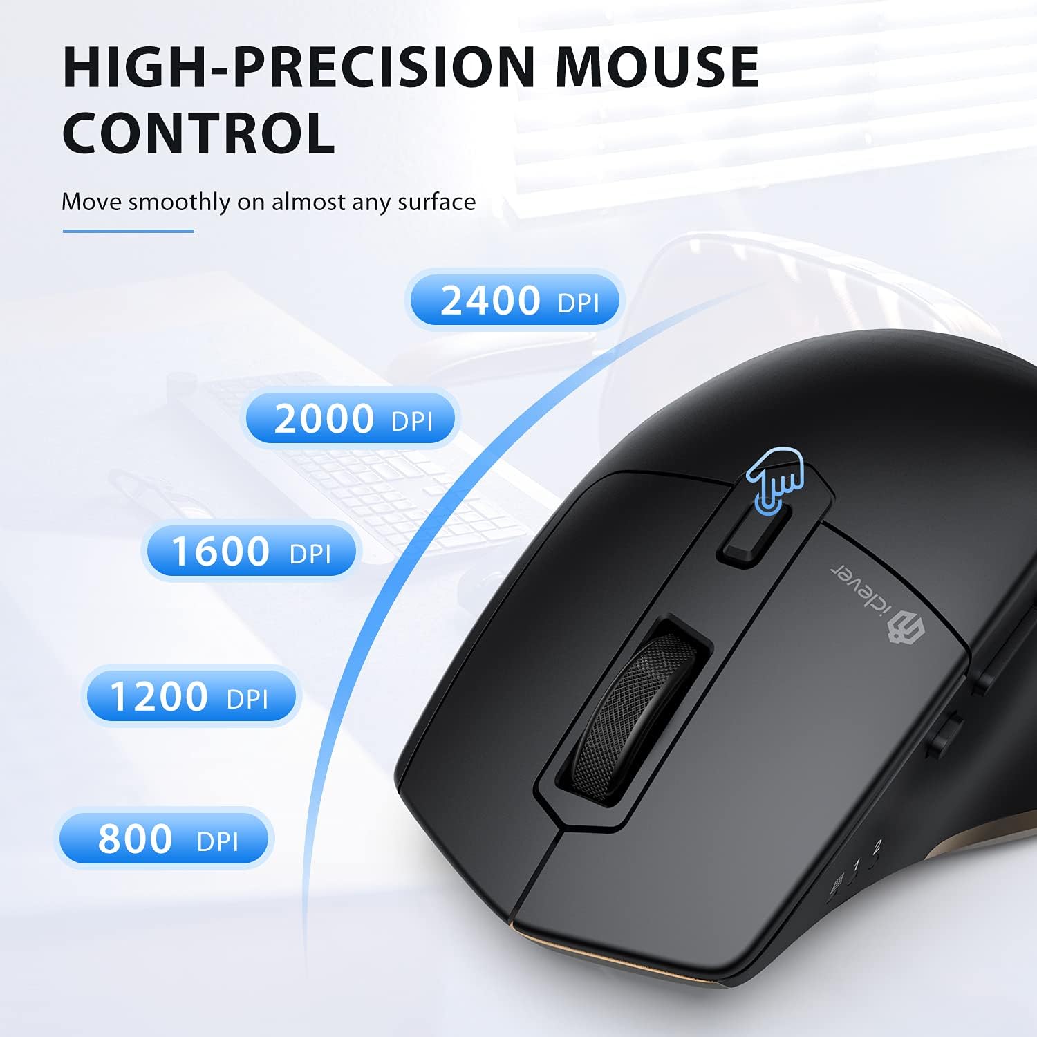 iClever Wireless Mouse - Bluetooth & USB Receiver, 2400DPI Adjustable, Rechargeable, Ergonomic Design for Laptop, iPad, MacBook, Tablet, PC - Perfect for Office Work, Home Use & Travel
