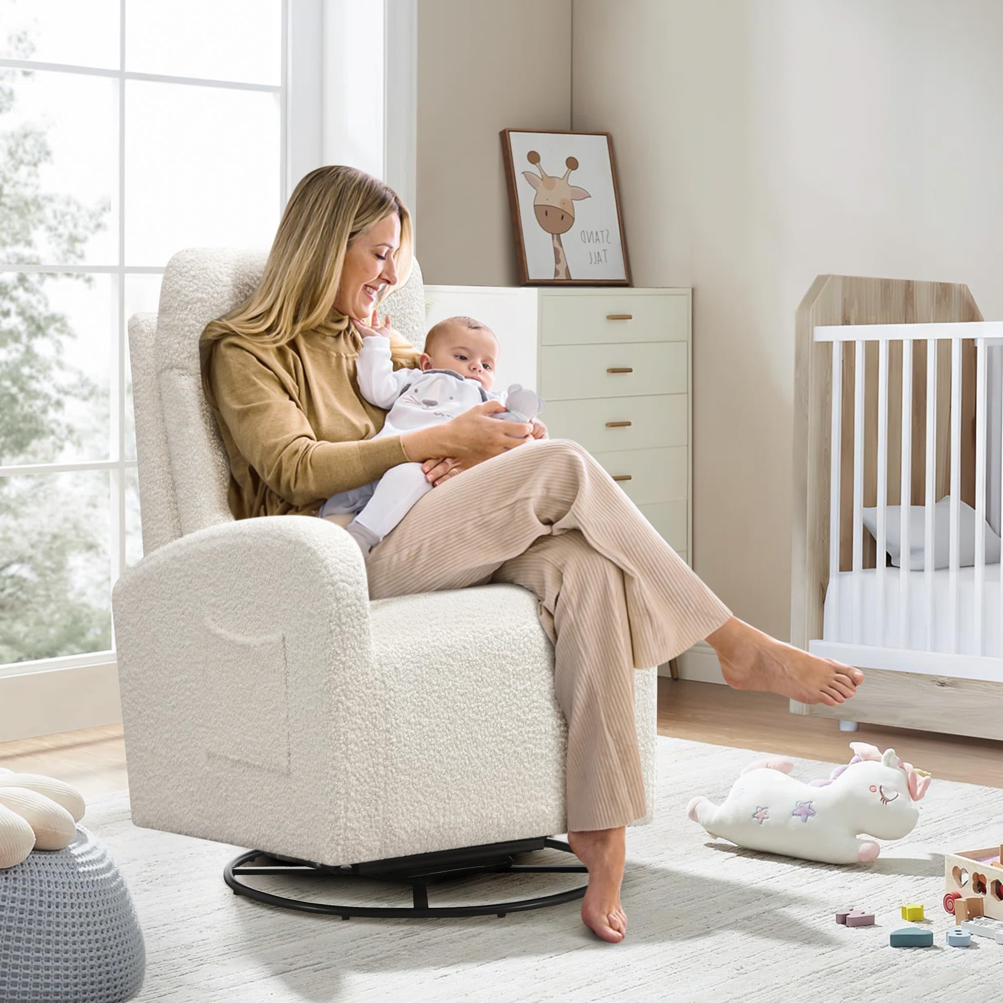 360° Swivel Glider Chair for Nursery & Living Room - Modern Ergonomic Rocking Recliner with High Back & Side Pocket - Cream White Boucle Upholstered Accent Chair for Bedroom, Nursery, Office - Perfect for Nursing, Relaxing & Reading