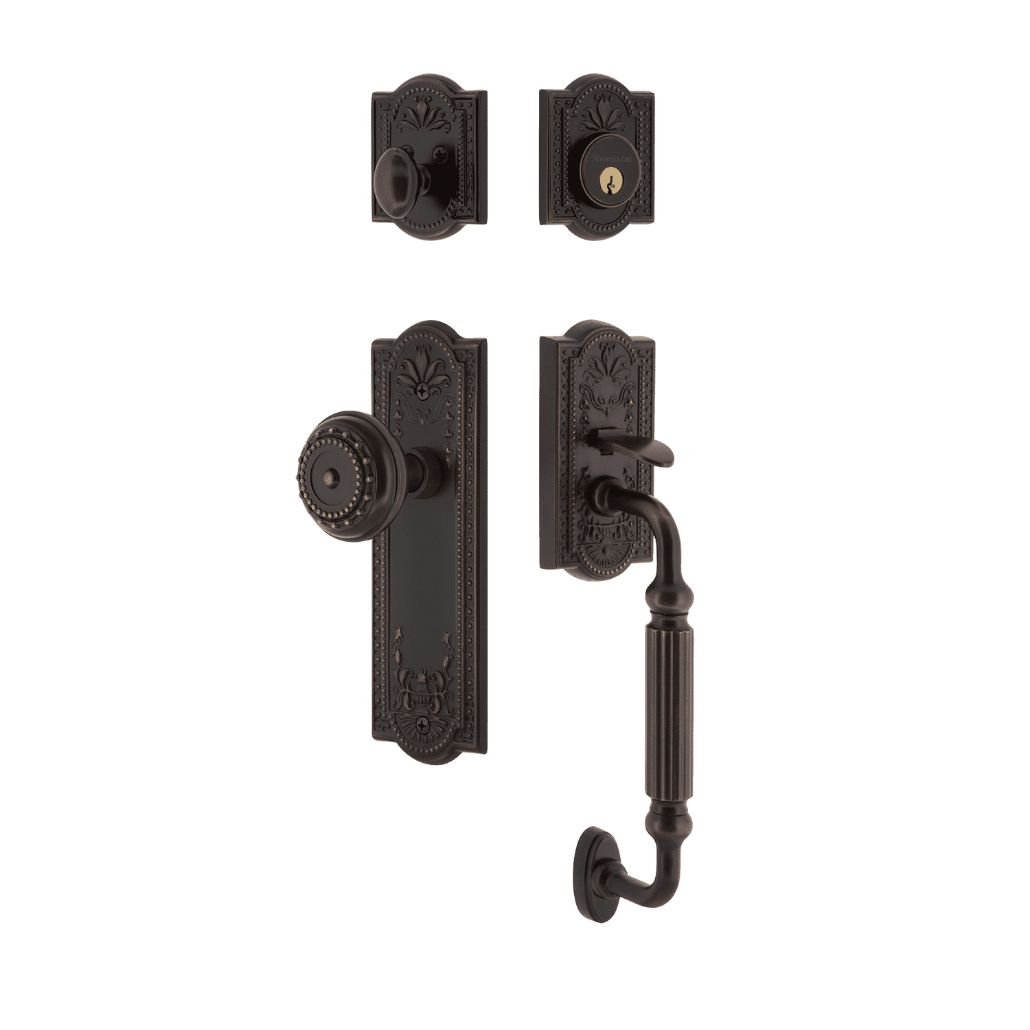 Timeless Bronze Meadows Handleset with F Grip & Long Plate - Elegant Door Knob for Home Entryway, Bedroom, and Office Doors | Durable & Stylish Hardware for Interior & Exterior Use